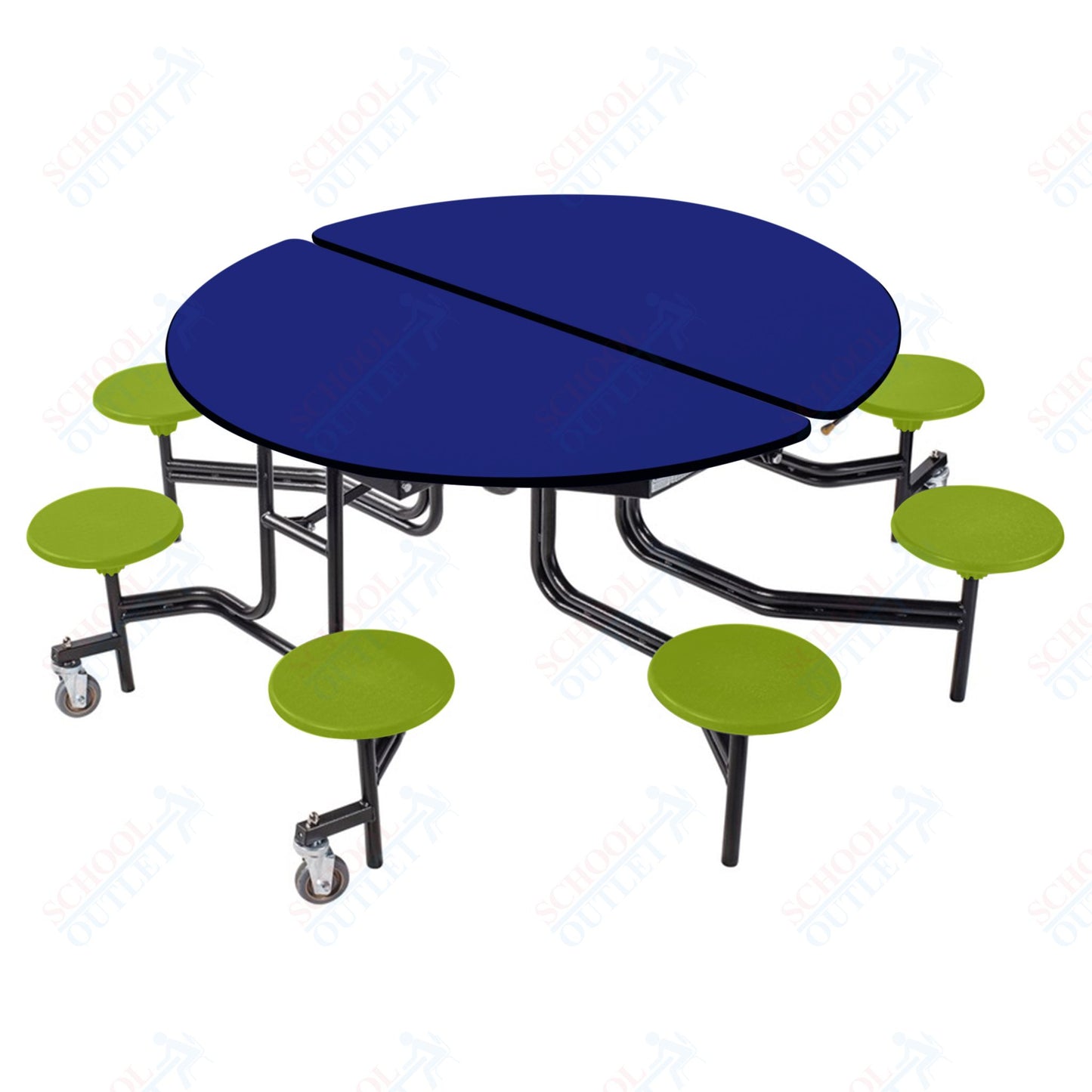 NPS 60" Round Mobile Cafeteria Table - 8 Stools - Plywood Core - T-Molding Edge - Black Powdercoated Frame