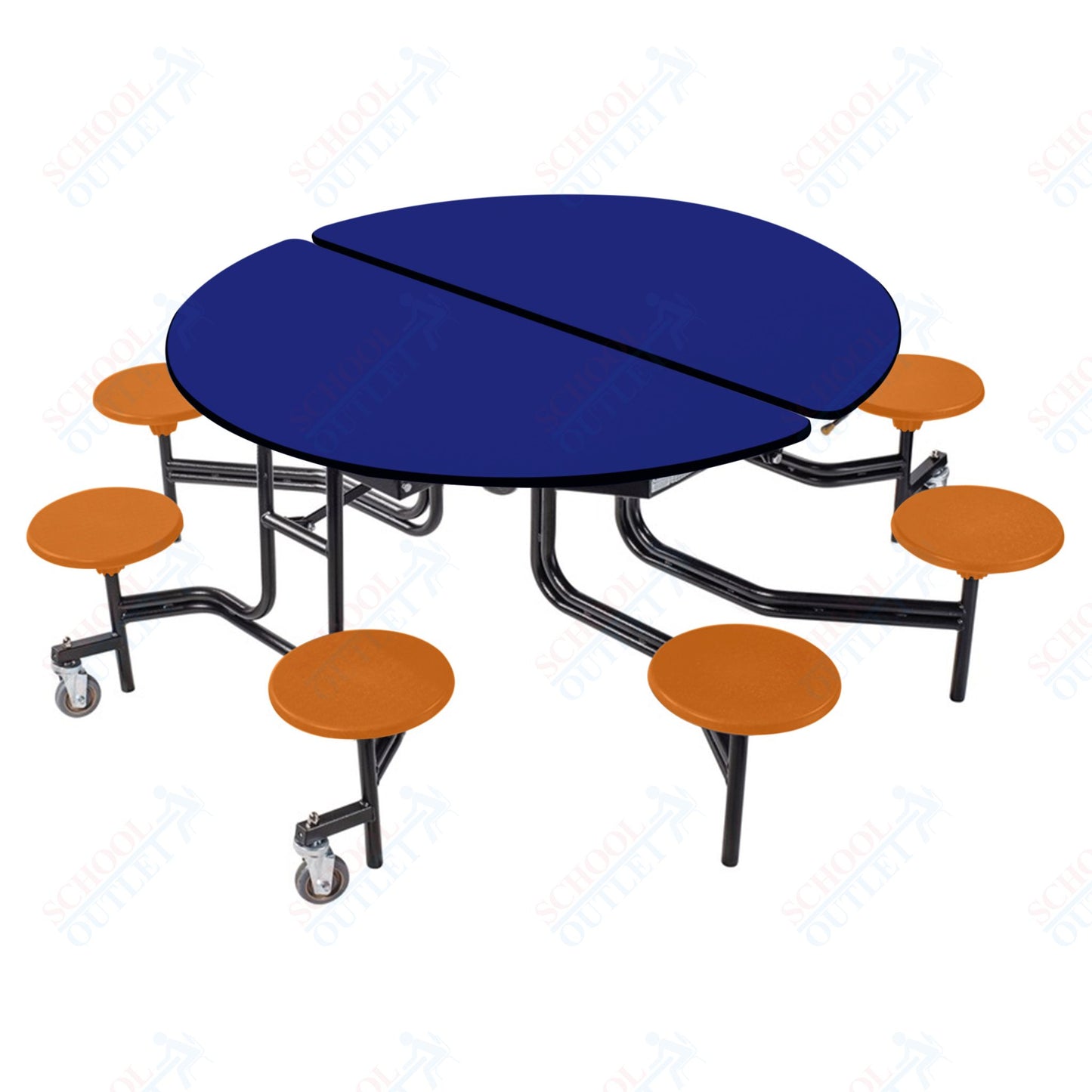 NPS 60" Round Mobile Cafeteria Table - 8 Stools - Plywood Core - T-Molding Edge - Black Powdercoated Frame