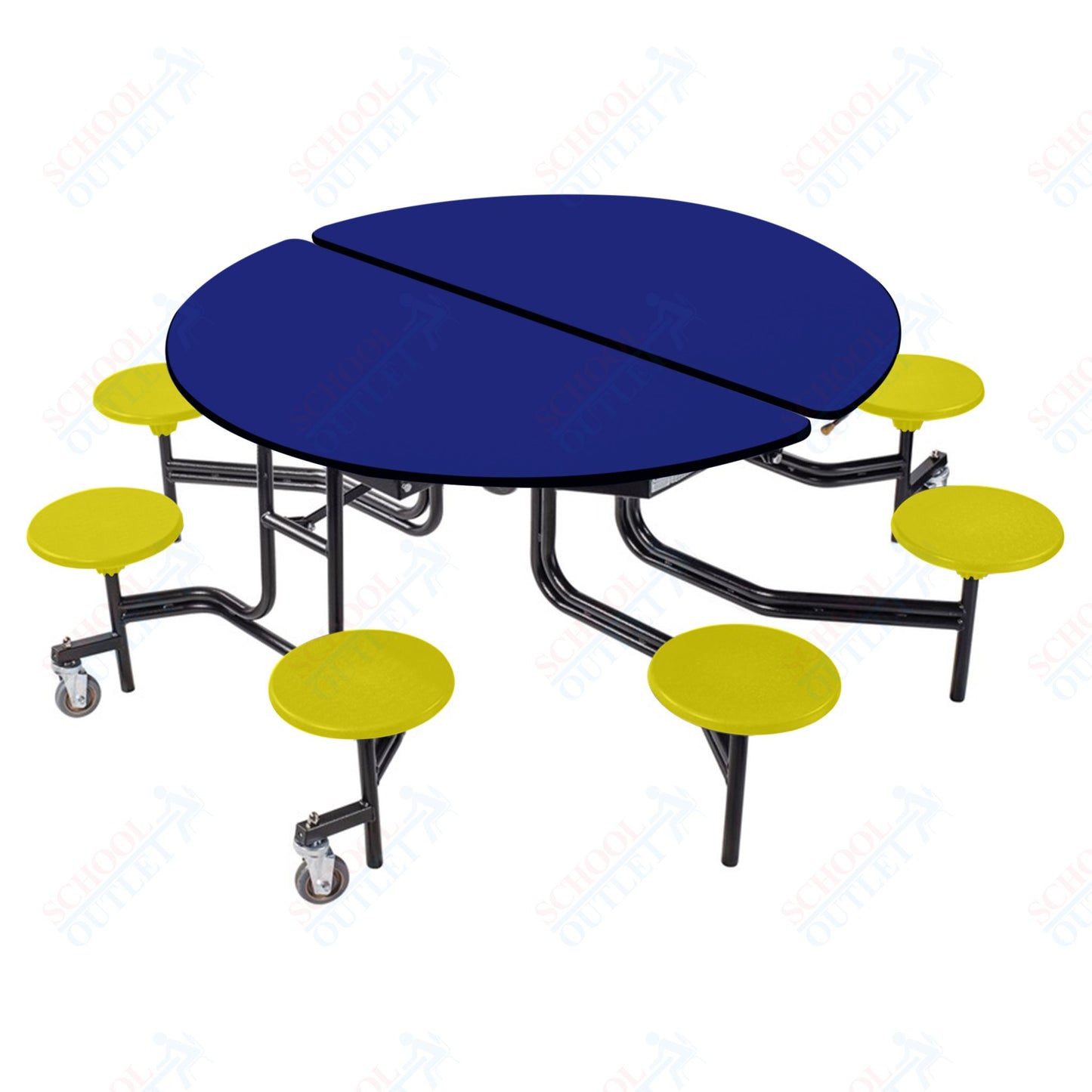 NPS 60" Round Mobile Cafeteria Table - 8 Stools - Plywood Core - T-Molding Edge - Black Powdercoated Frame