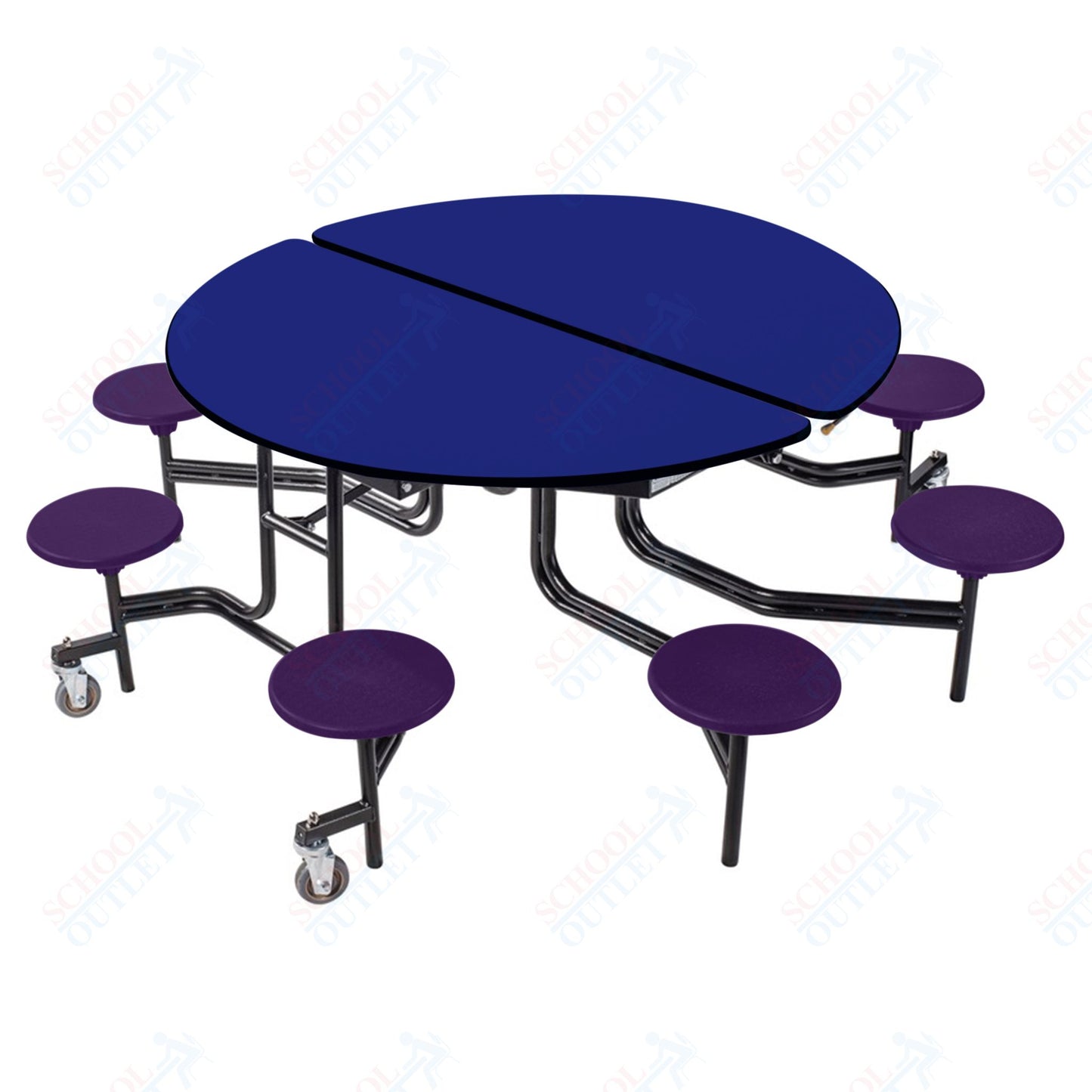 NPS 60" Round Mobile Cafeteria Table - 8 Stools - Plywood Core - T-Molding Edge - Black Powdercoated Frame