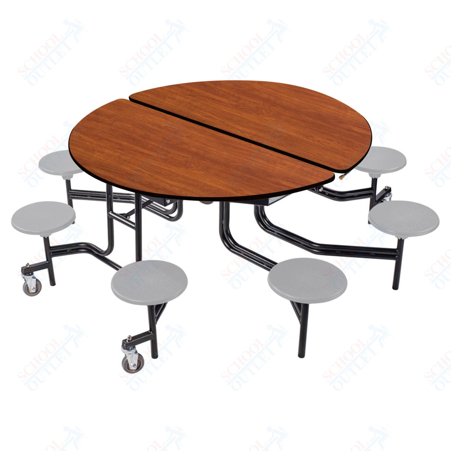 NPS 60" Round Mobile Cafeteria Table - 8 Stools - Plywood Core - T-Molding Edge - Black Powdercoated Frame