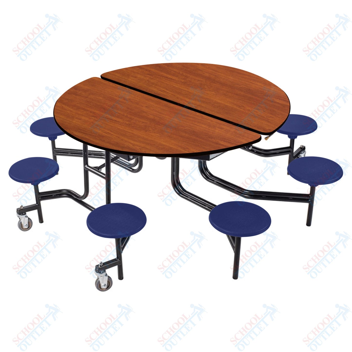 NPS 60" Round Mobile Cafeteria Table - 8 Stools - Plywood Core - T-Molding Edge - Black Powdercoated Frame