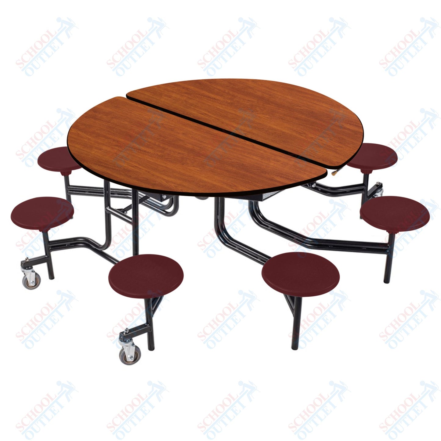 NPS 60" Round Mobile Cafeteria Table - 8 Stools - Plywood Core - T-Molding Edge - Black Powdercoated Frame