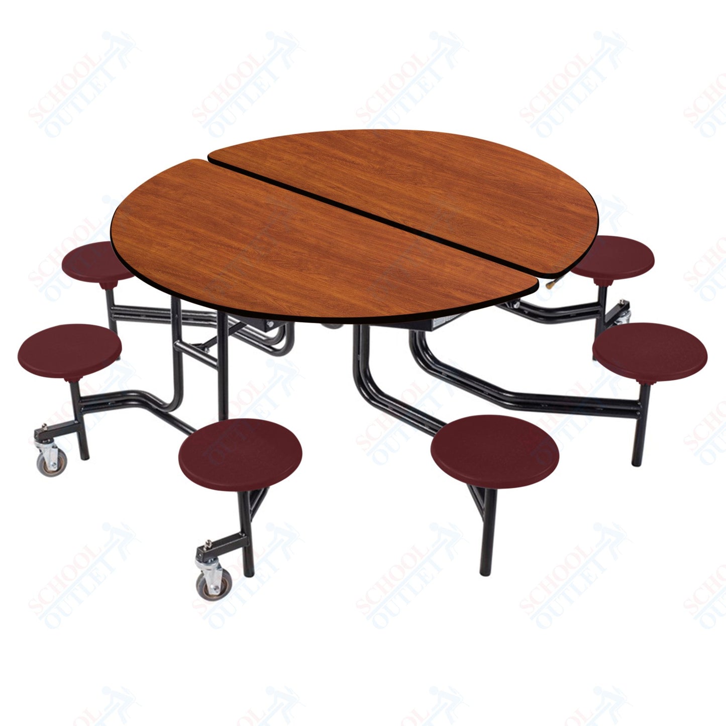 NPS 60" Round Mobile Cafeteria Table - 8 Stools - Plywood Core - T-Molding Edge - Black Powdercoated Frame