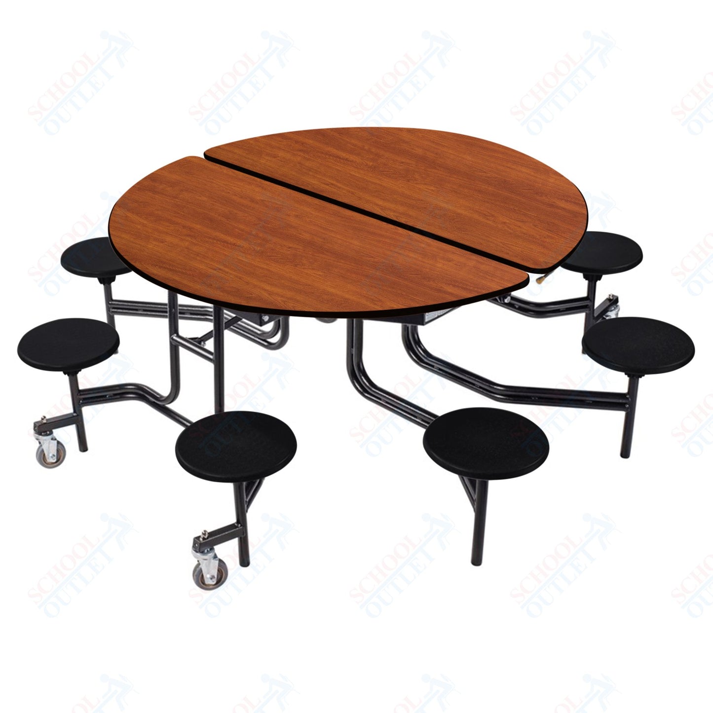 NPS 60" Round Mobile Cafeteria Table - 8 Stools - Plywood Core - T-Molding Edge - Black Powdercoated Frame