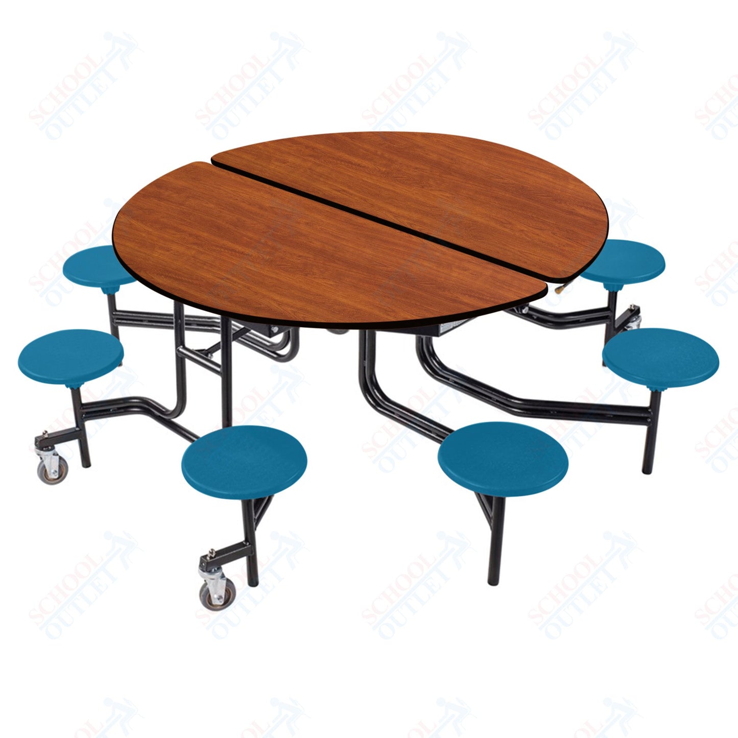 NPS 60" Round Mobile Cafeteria Table - 8 Stools - Plywood Core - T-Molding Edge - Black Powdercoated Frame