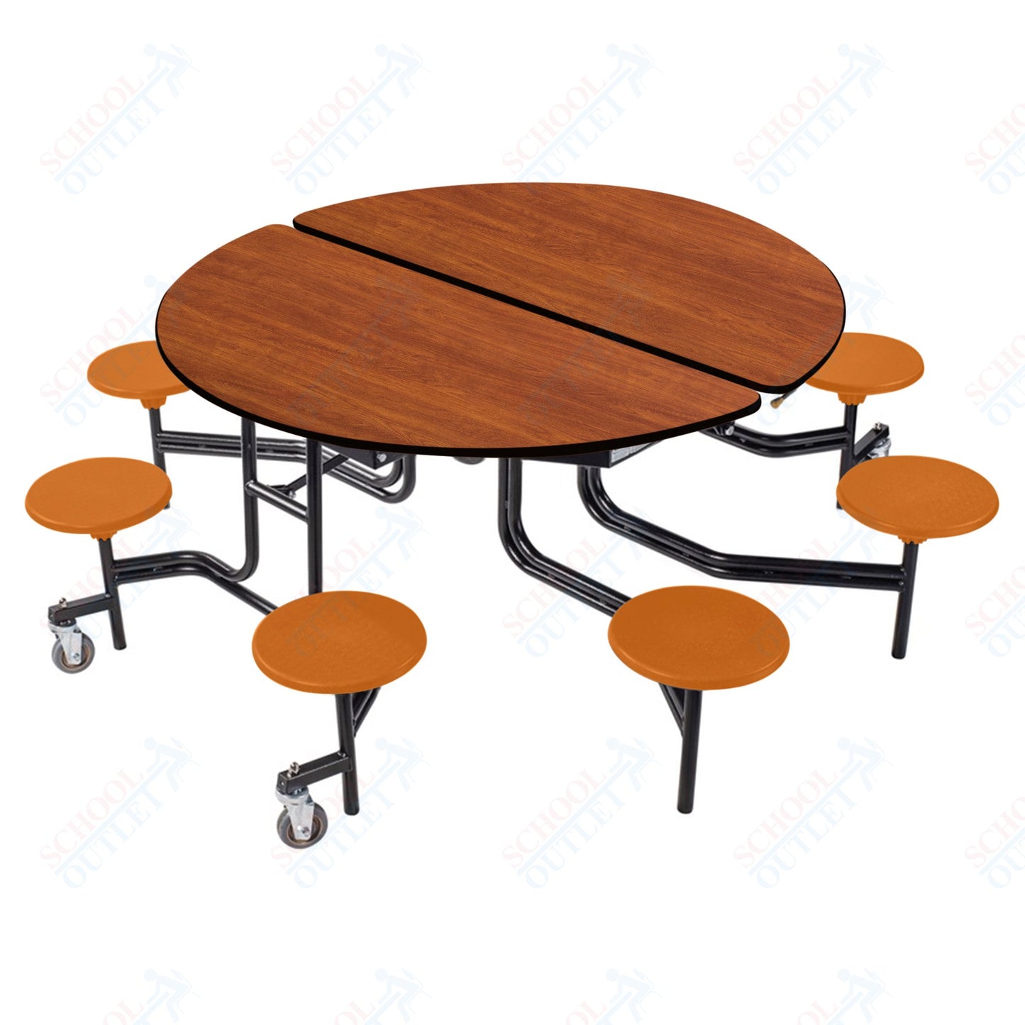 NPS 60" Round Mobile Cafeteria Table - 8 Stools - Plywood Core - T-Molding Edge - Black Powdercoated Frame