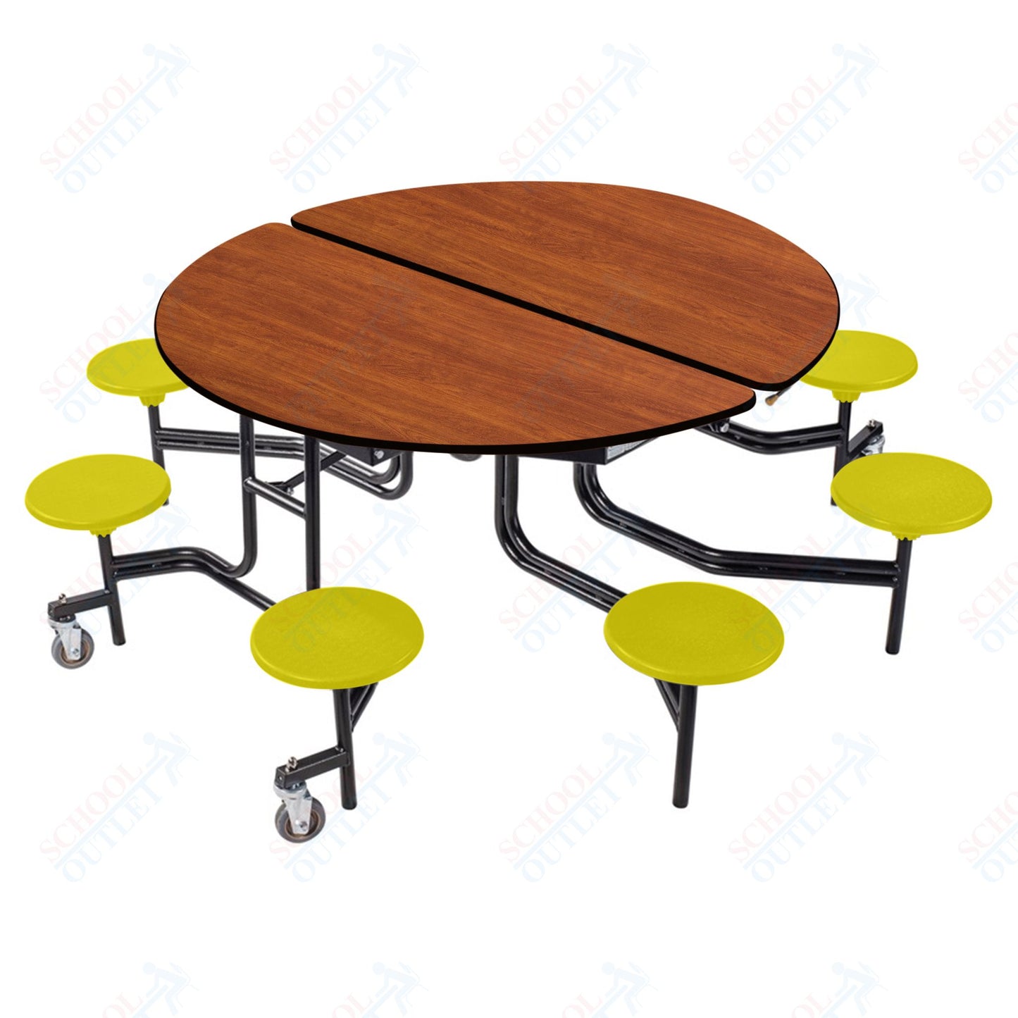 NPS 60" Round Mobile Cafeteria Table - 8 Stools - Plywood Core - T-Molding Edge - Black Powdercoated Frame