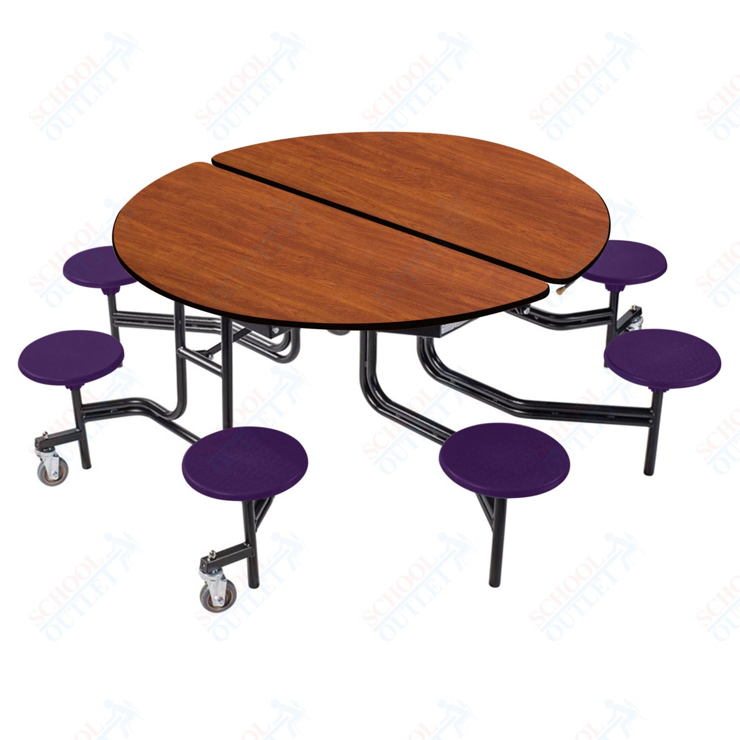 NPS 60" Round Mobile Cafeteria Table - 8 Stools - Plywood Core - T-Molding Edge - Black Powdercoated Frame