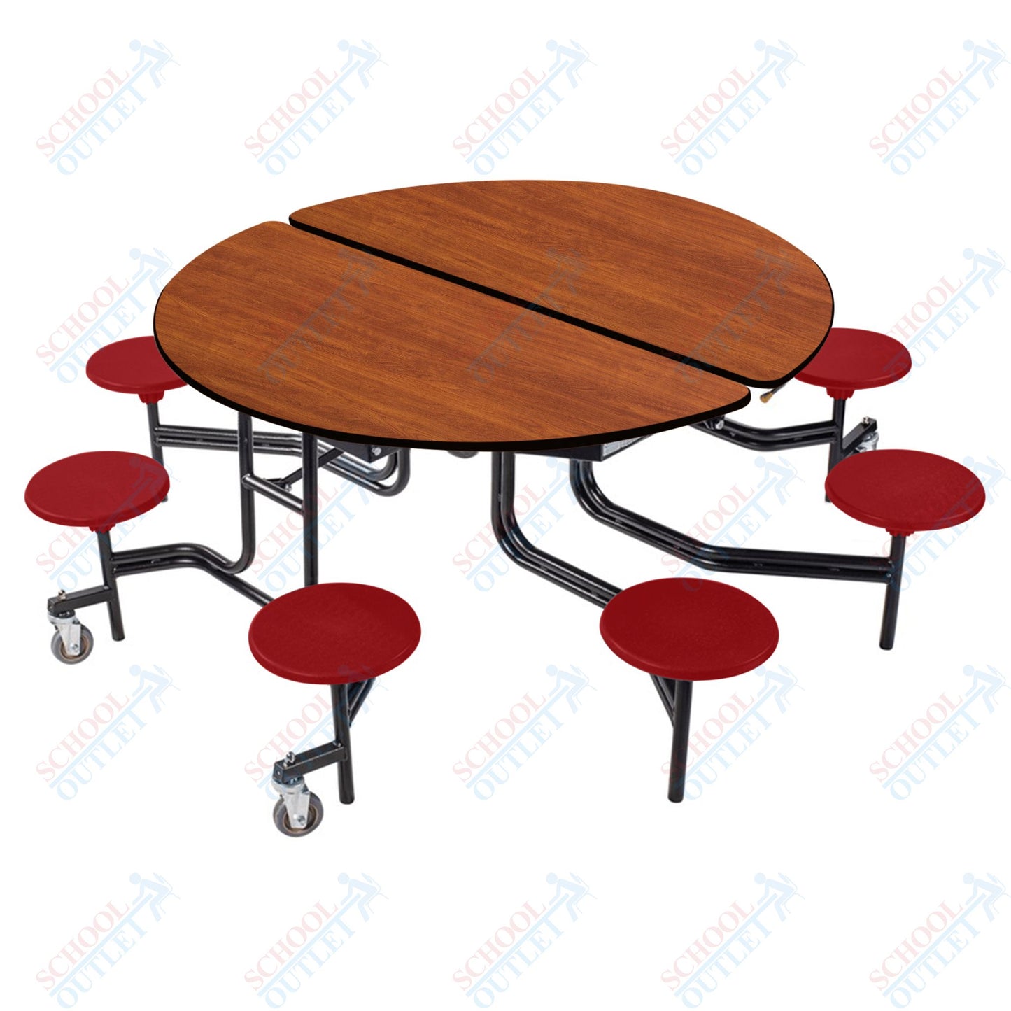 NPS 60" Round Mobile Cafeteria Table - 8 Stools - Plywood Core - T-Molding Edge - Black Powdercoated Frame