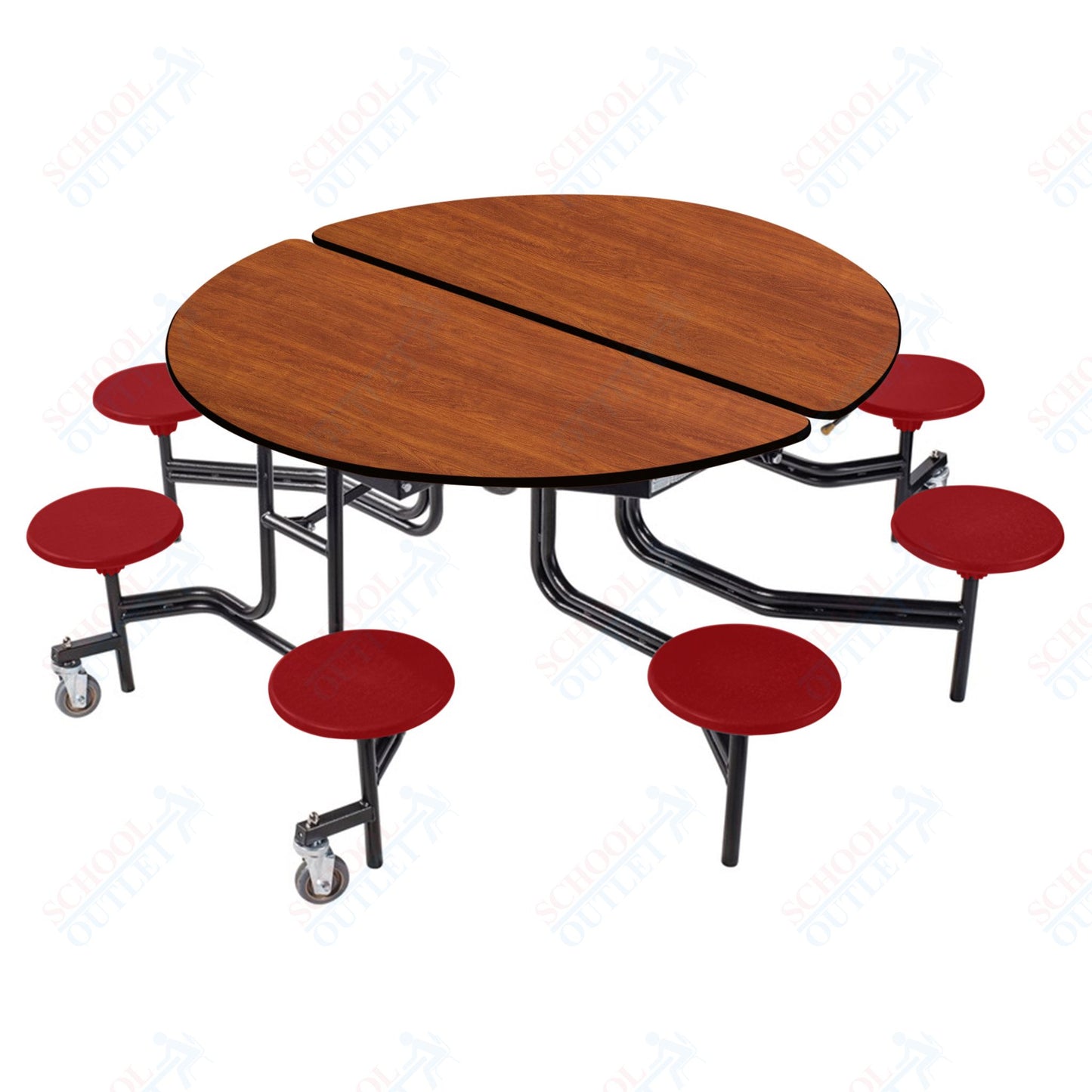 NPS 60" Round Mobile Cafeteria Table - 8 Stools - Plywood Core - T-Molding Edge - Black Powdercoated Frame