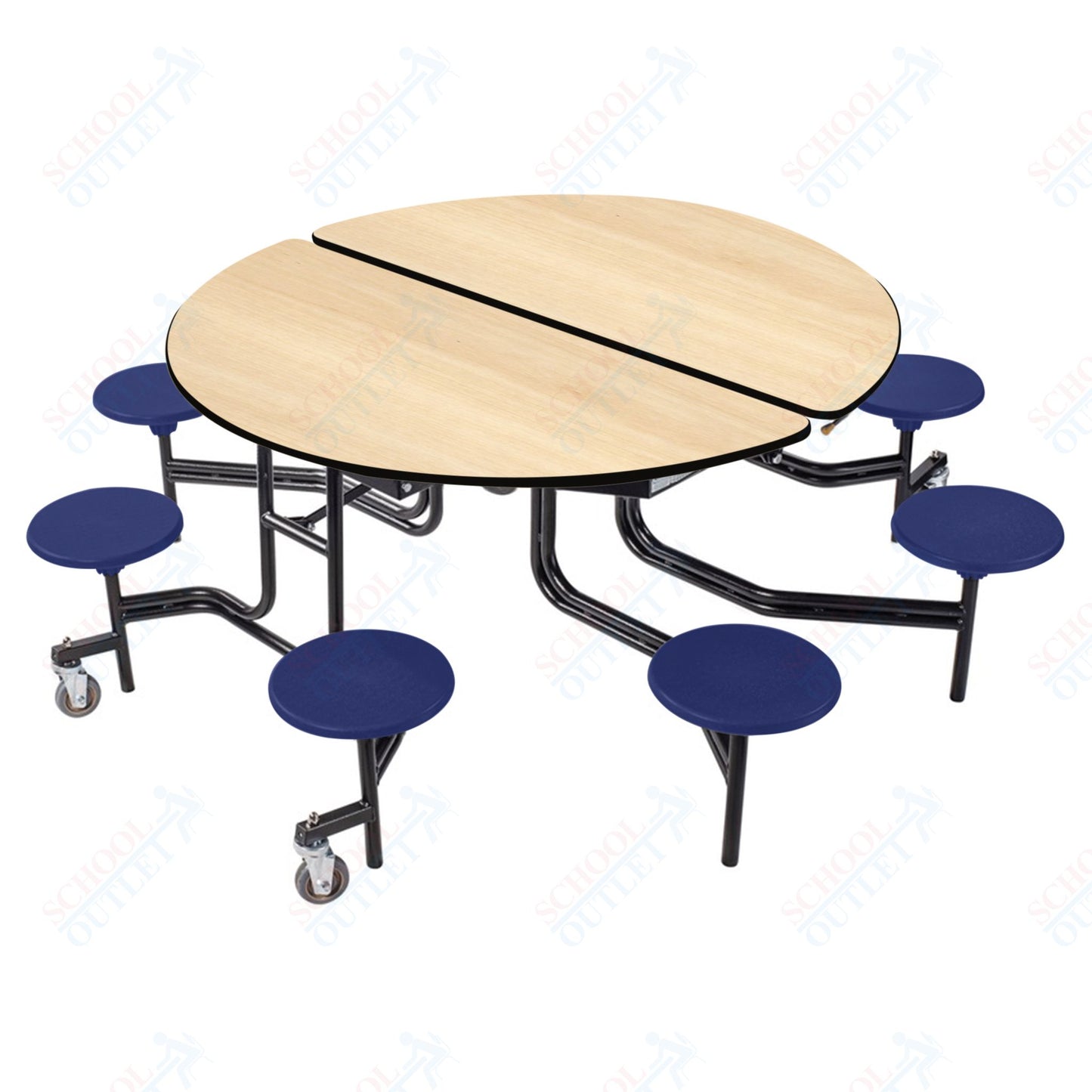 NPS 60" Round Mobile Cafeteria Table - 8 Stools - Plywood Core - T-Molding Edge - Black Powdercoated Frame