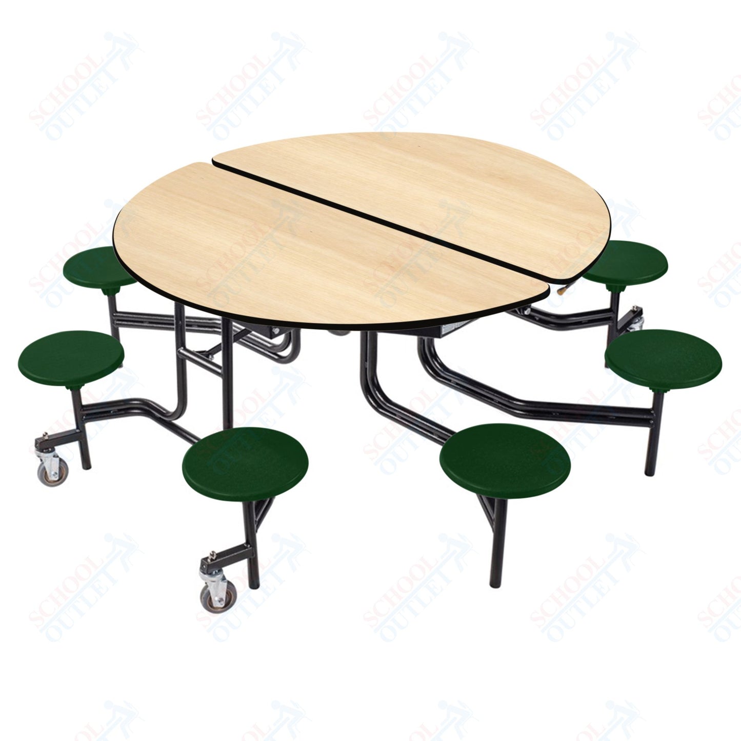 NPS 60" Round Mobile Cafeteria Table - 8 Stools - Plywood Core - T-Molding Edge - Black Powdercoated Frame