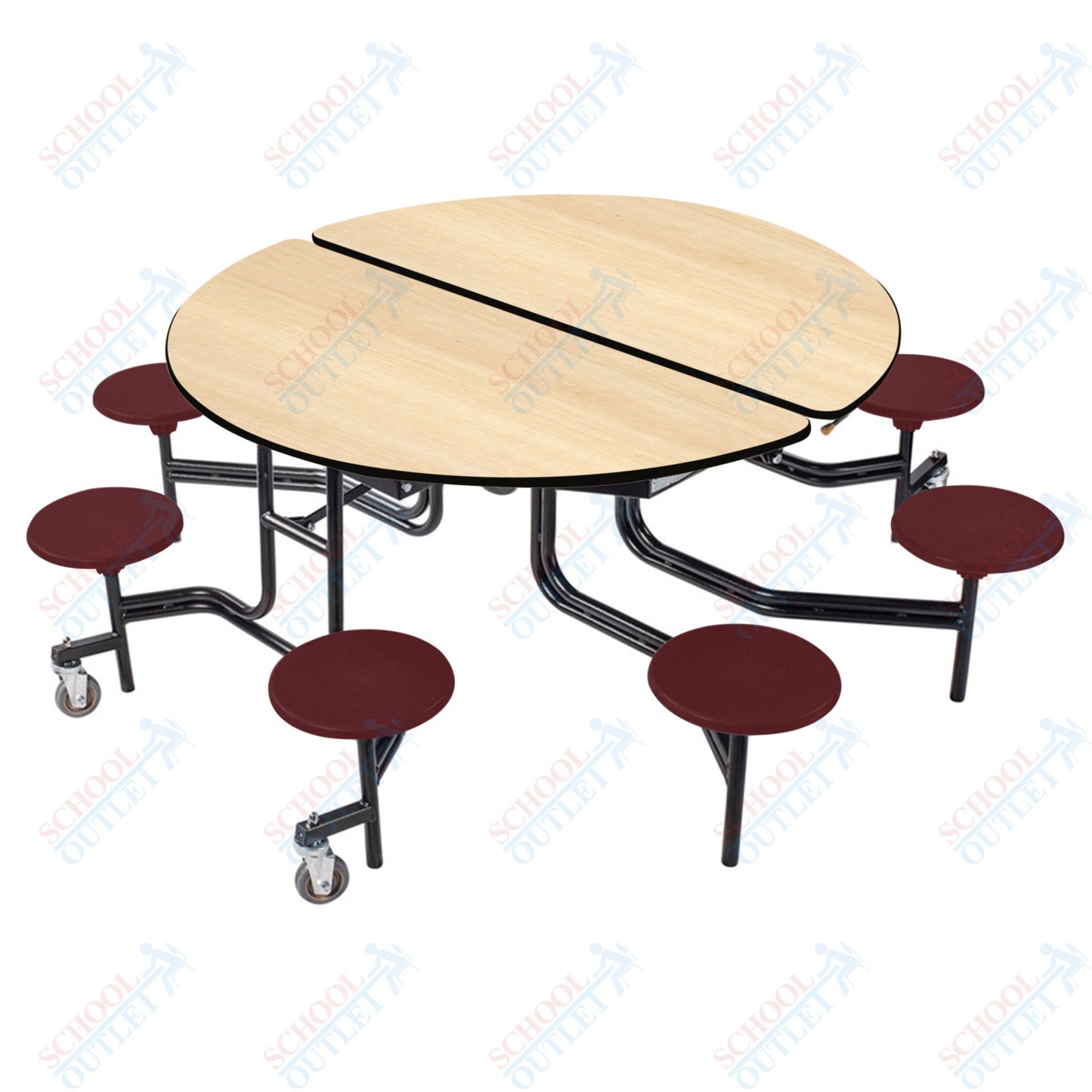 NPS 60" Round Mobile Cafeteria Table - 8 Stools - Plywood Core - T-Molding Edge - Black Powdercoated Frame