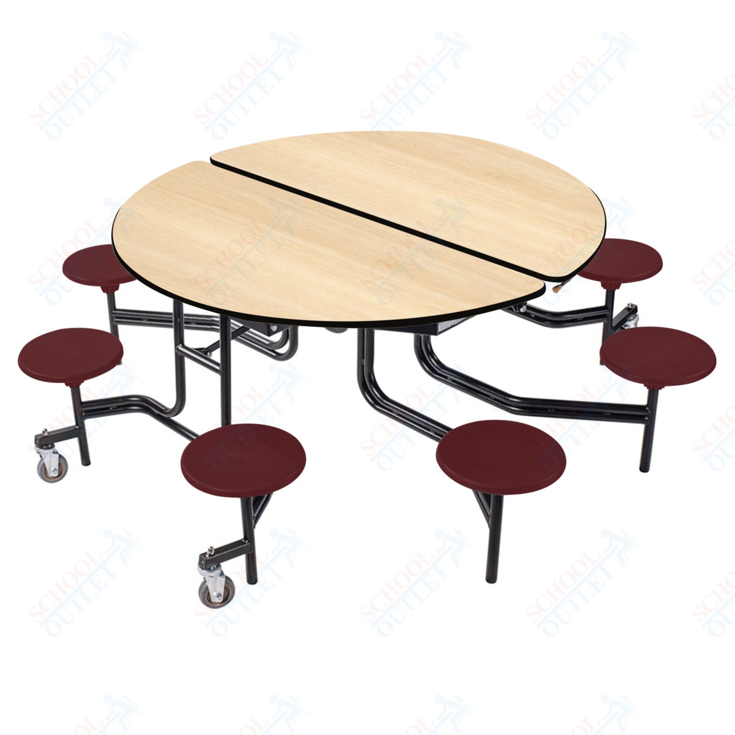 NPS 60" Round Mobile Cafeteria Table - 8 Stools - Plywood Core - T-Molding Edge - Black Powdercoated Frame