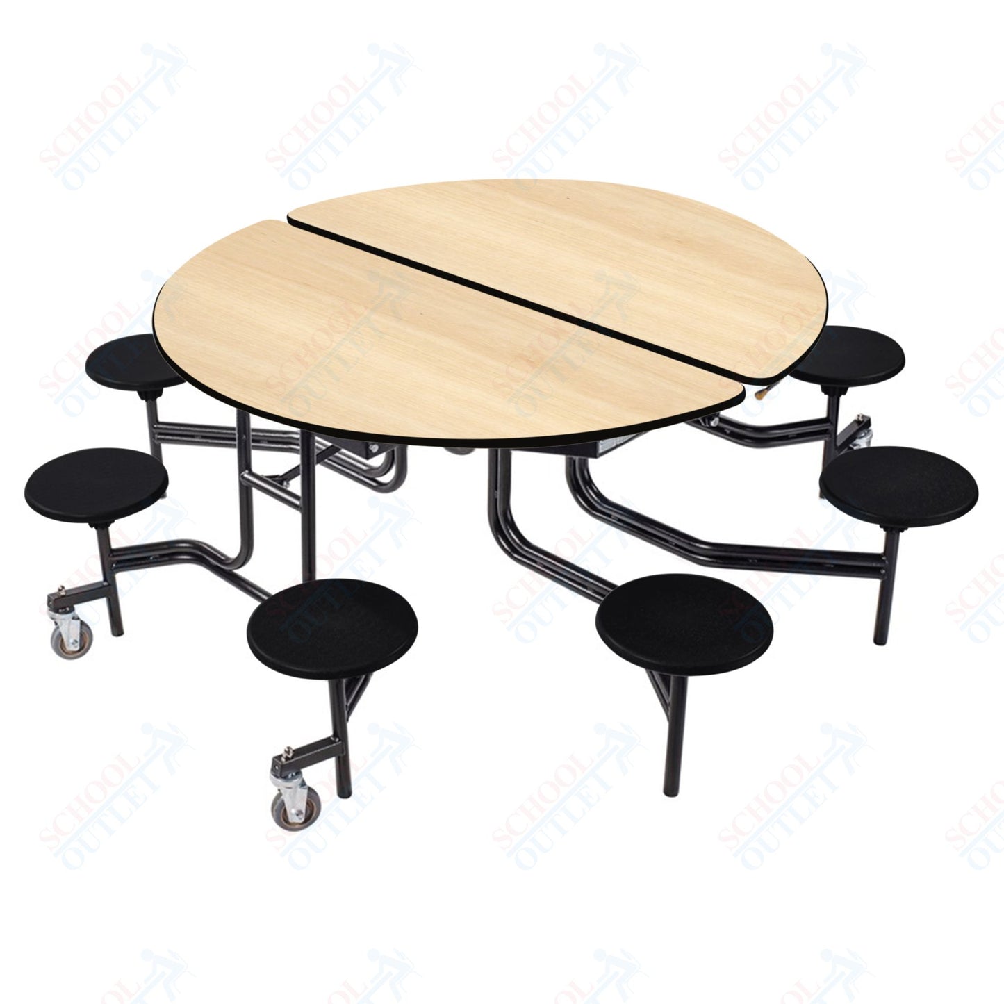 NPS 60" Round Mobile Cafeteria Table - 8 Stools - Plywood Core - T-Molding Edge - Black Powdercoated Frame