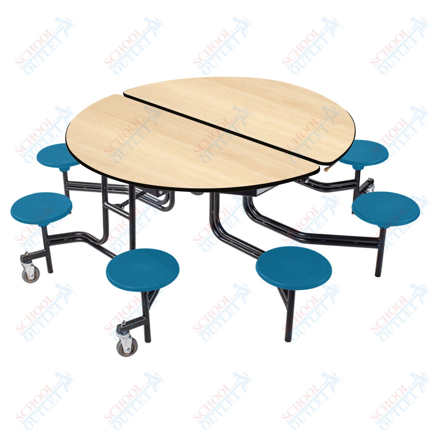 NPS 60" Round Mobile Cafeteria Table - 8 Stools - Plywood Core - T-Molding Edge - Black Powdercoated Frame