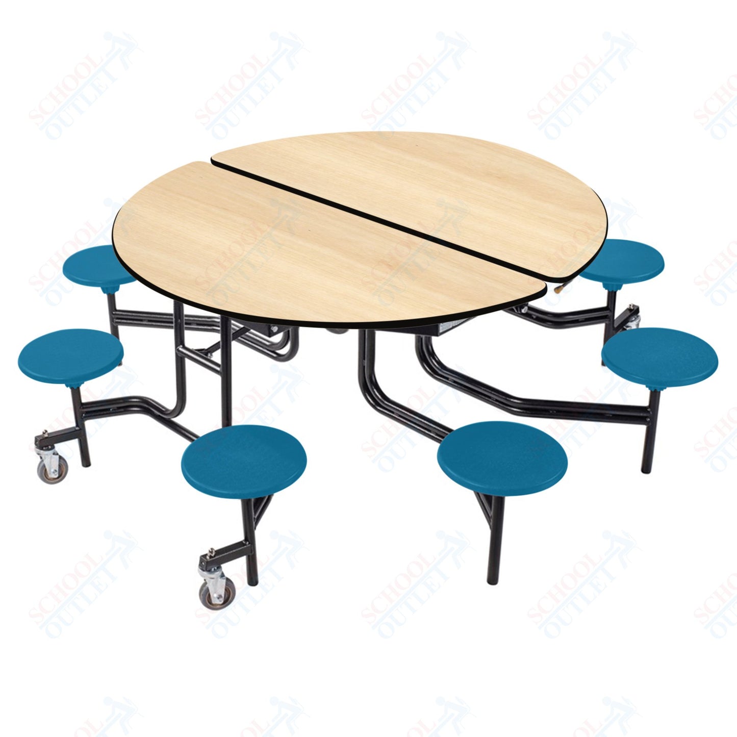 NPS 60" Round Mobile Cafeteria Table - 8 Stools - Plywood Core - T-Molding Edge - Black Powdercoated Frame
