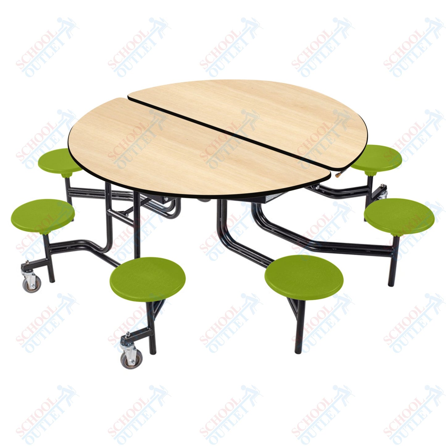 NPS 60" Round Mobile Cafeteria Table - 8 Stools - Plywood Core - T-Molding Edge - Black Powdercoated Frame