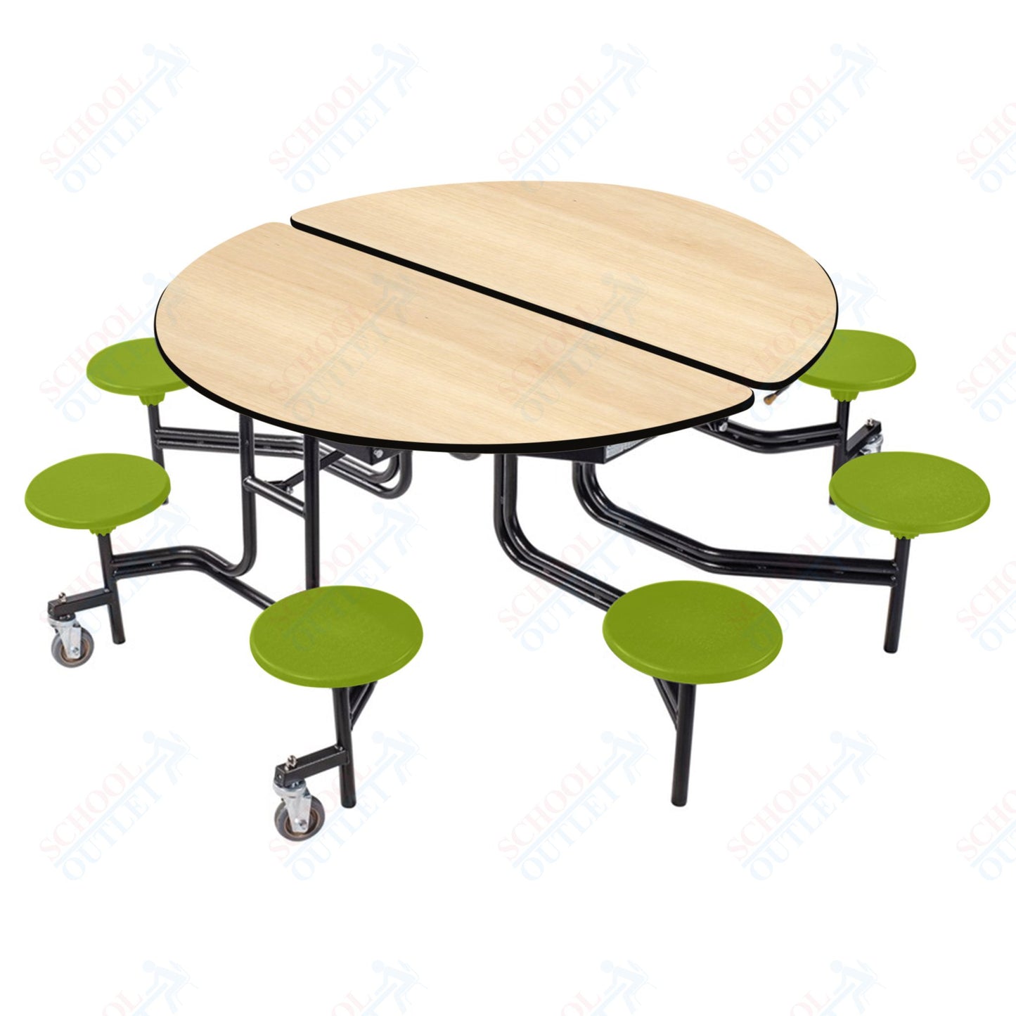 NPS 60" Round Mobile Cafeteria Table - 8 Stools - Plywood Core - T-Molding Edge - Black Powdercoated Frame