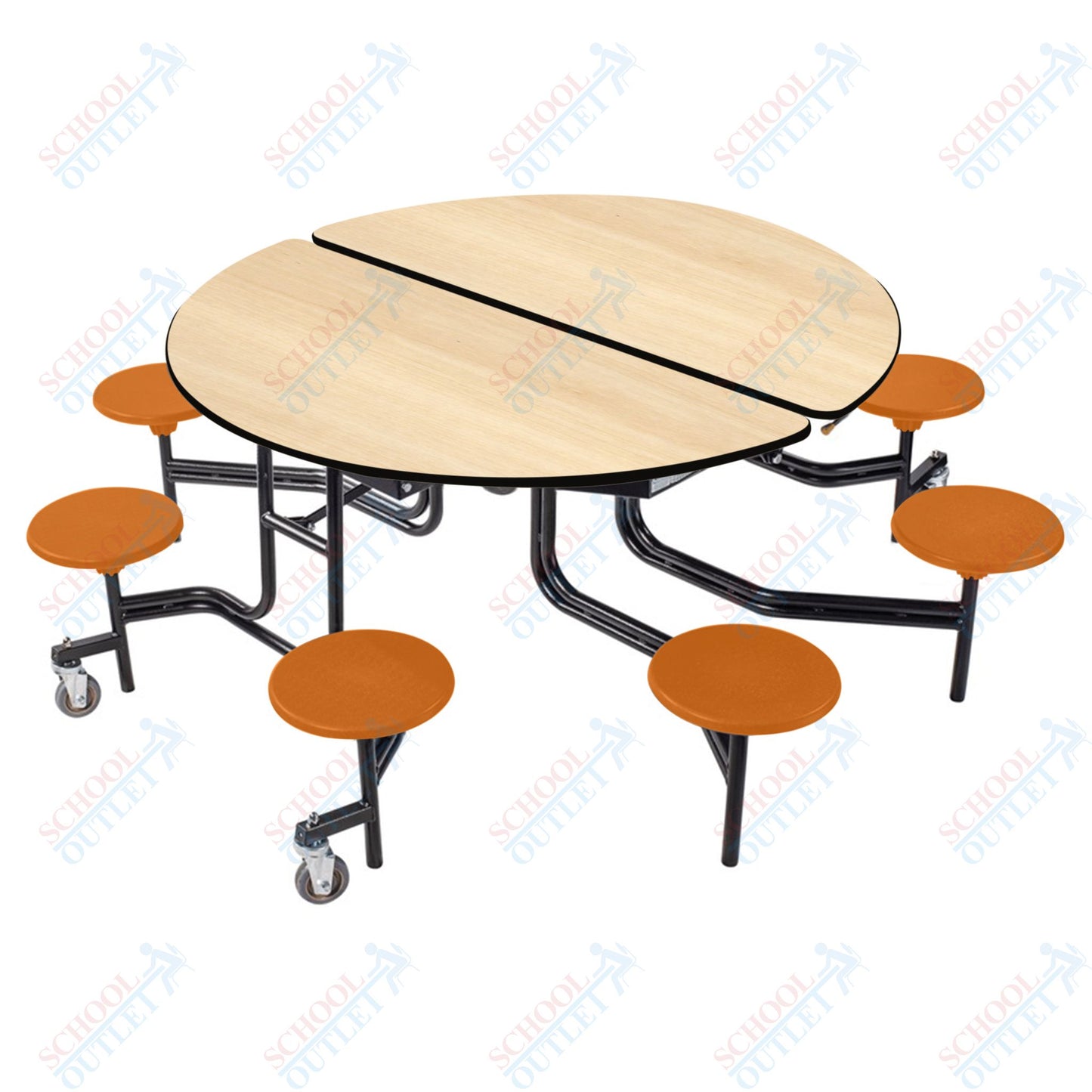 NPS 60" Round Mobile Cafeteria Table - 8 Stools - Plywood Core - T-Molding Edge - Black Powdercoated Frame