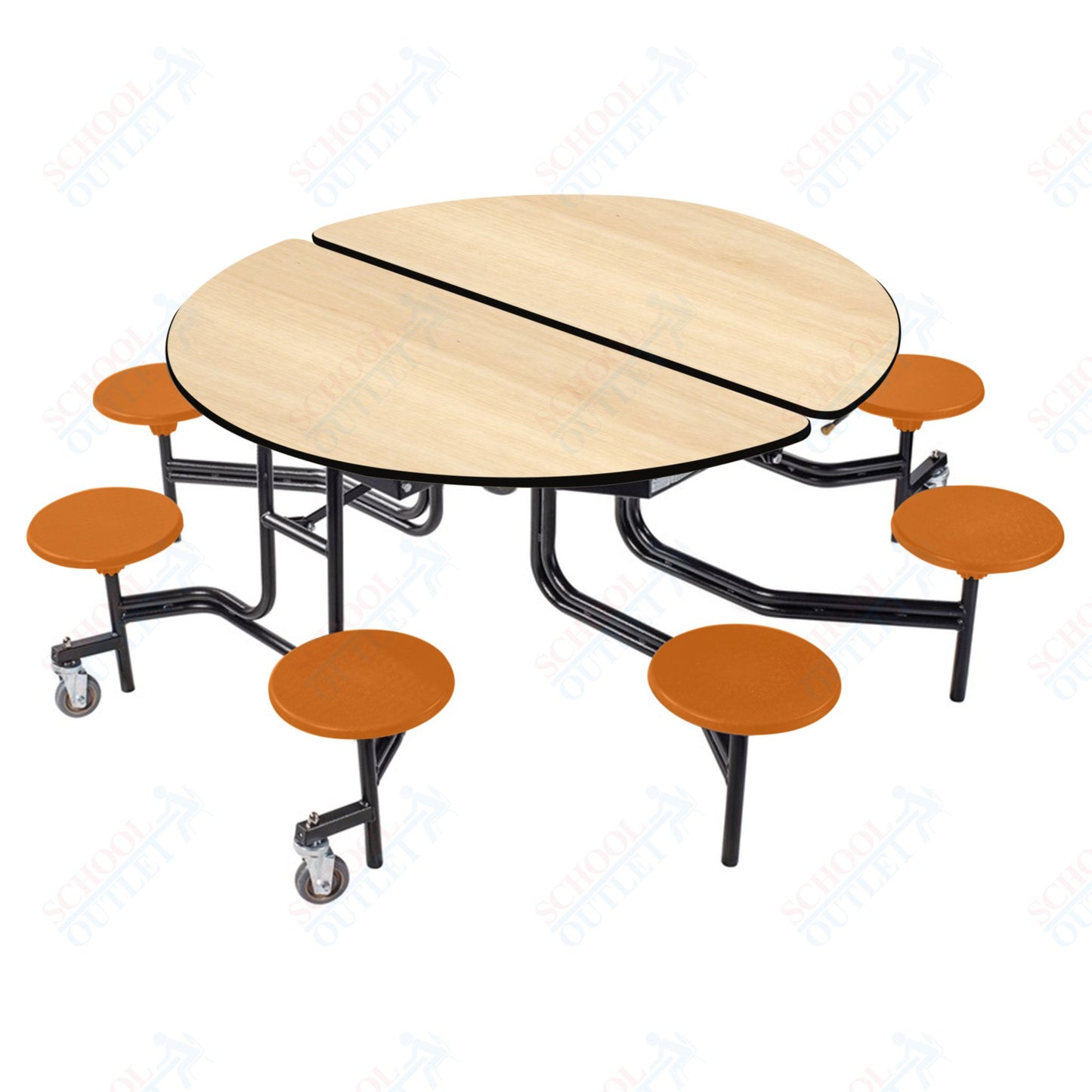 NPS 60" Round Mobile Cafeteria Table - 8 Stools - Plywood Core - T-Molding Edge - Black Powdercoated Frame