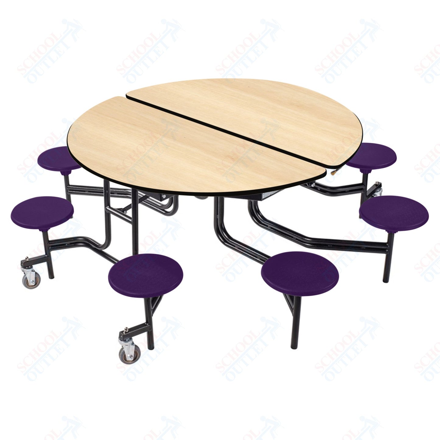 NPS 60" Round Mobile Cafeteria Table - 8 Stools - Plywood Core - T-Molding Edge - Black Powdercoated Frame