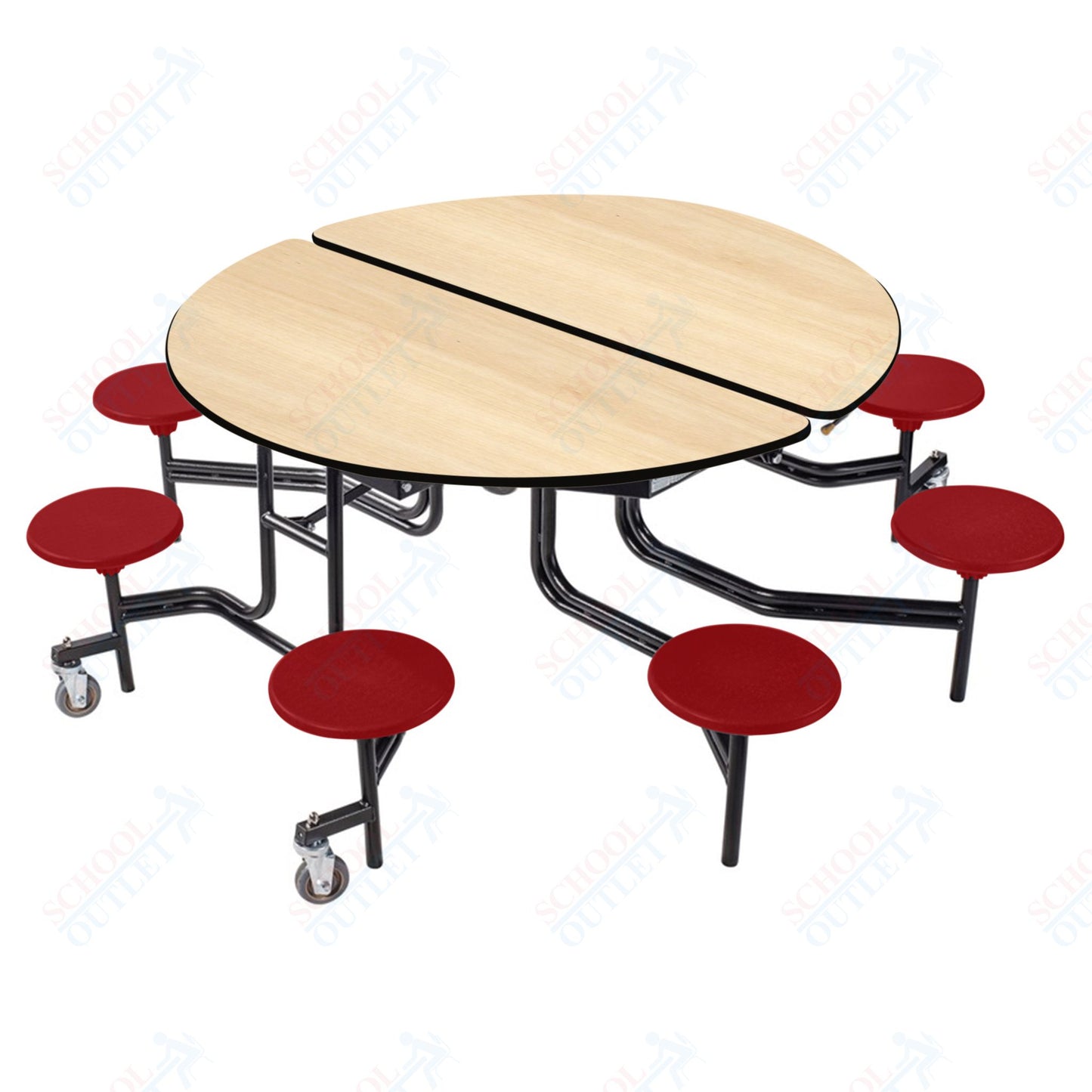 NPS 60" Round Mobile Cafeteria Table - 8 Stools - Plywood Core - T-Molding Edge - Black Powdercoated Frame