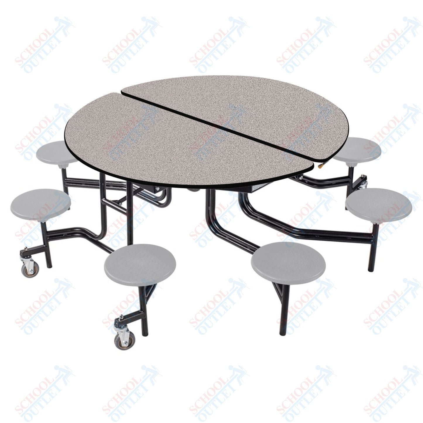 NPS 60" Round Mobile Cafeteria Table - 8 Stools - Plywood Core - T-Molding Edge - Black Powdercoated Frame