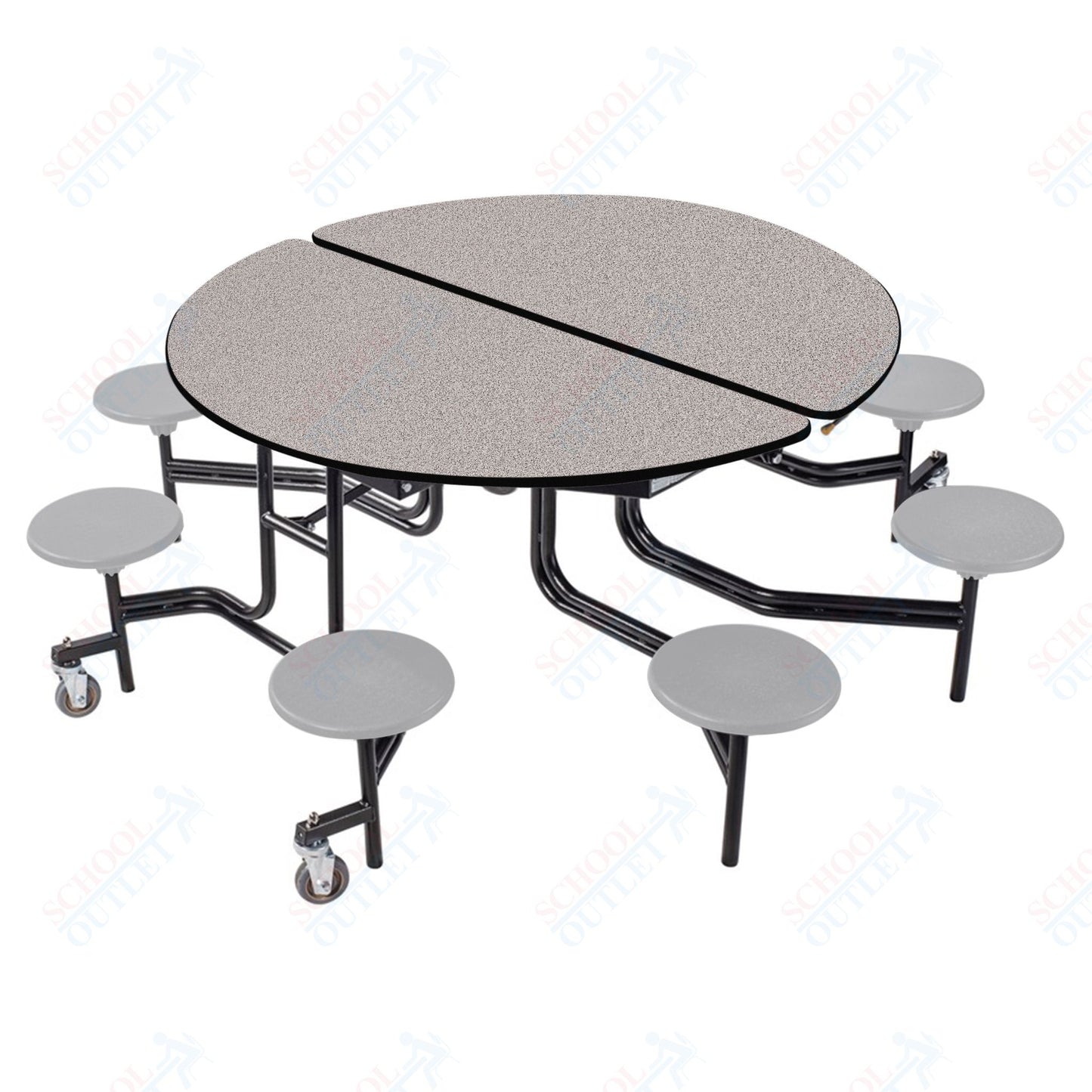 NPS 60" Round Mobile Cafeteria Table - 8 Stools - Plywood Core - T-Molding Edge - Black Powdercoated Frame