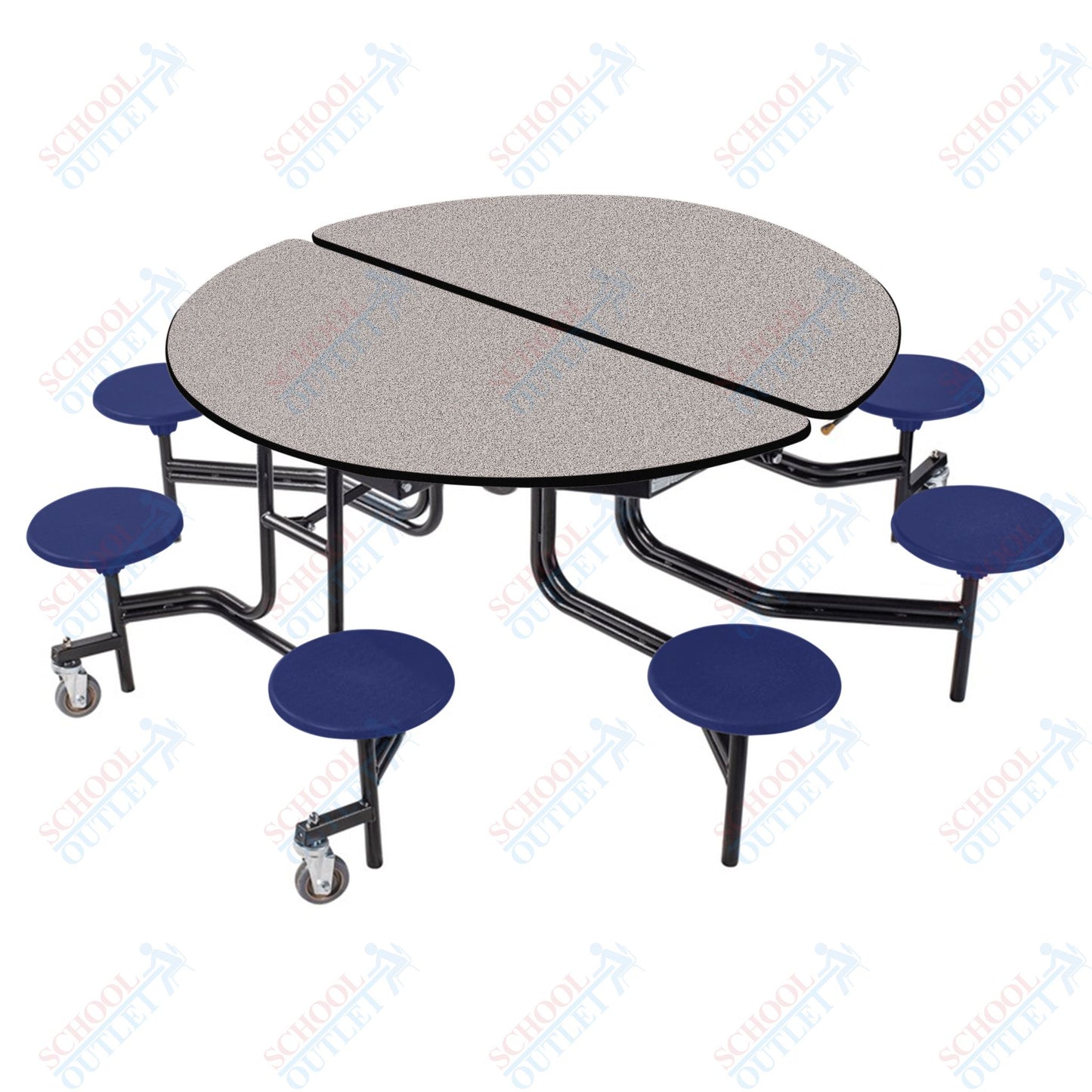 NPS 60" Round Mobile Cafeteria Table - 8 Stools - Plywood Core - T-Molding Edge - Black Powdercoated Frame