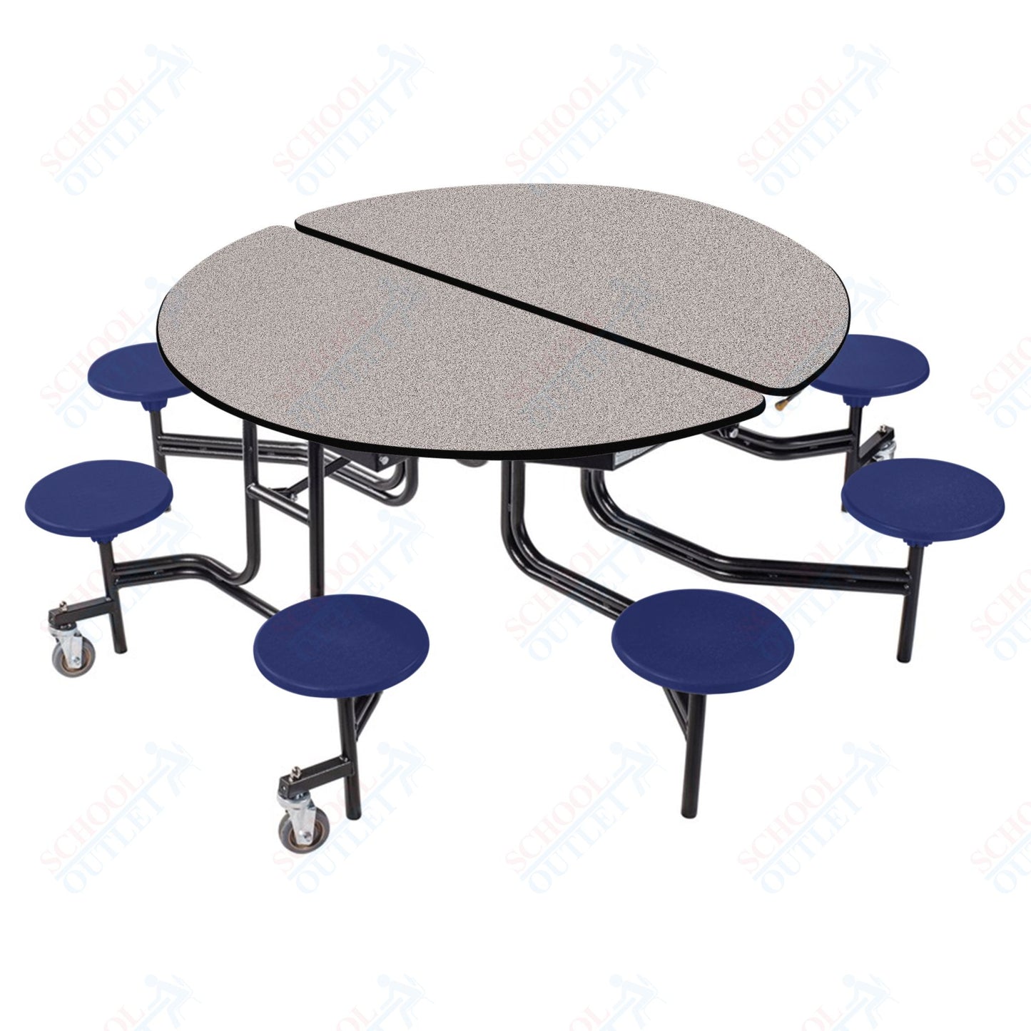 NPS 60" Round Mobile Cafeteria Table - 8 Stools - Plywood Core - T-Molding Edge - Black Powdercoated Frame