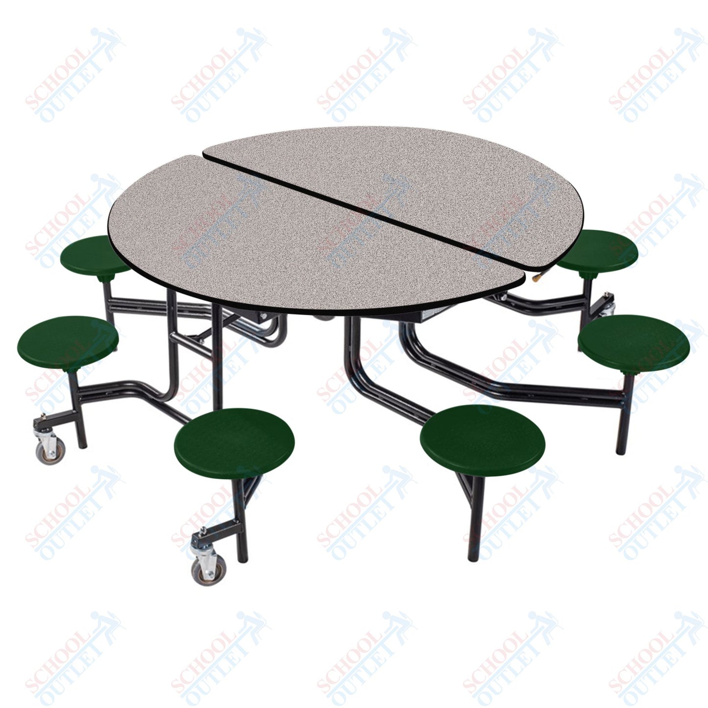 NPS 60" Round Mobile Cafeteria Table - 8 Stools - Plywood Core - T-Molding Edge - Black Powdercoated Frame