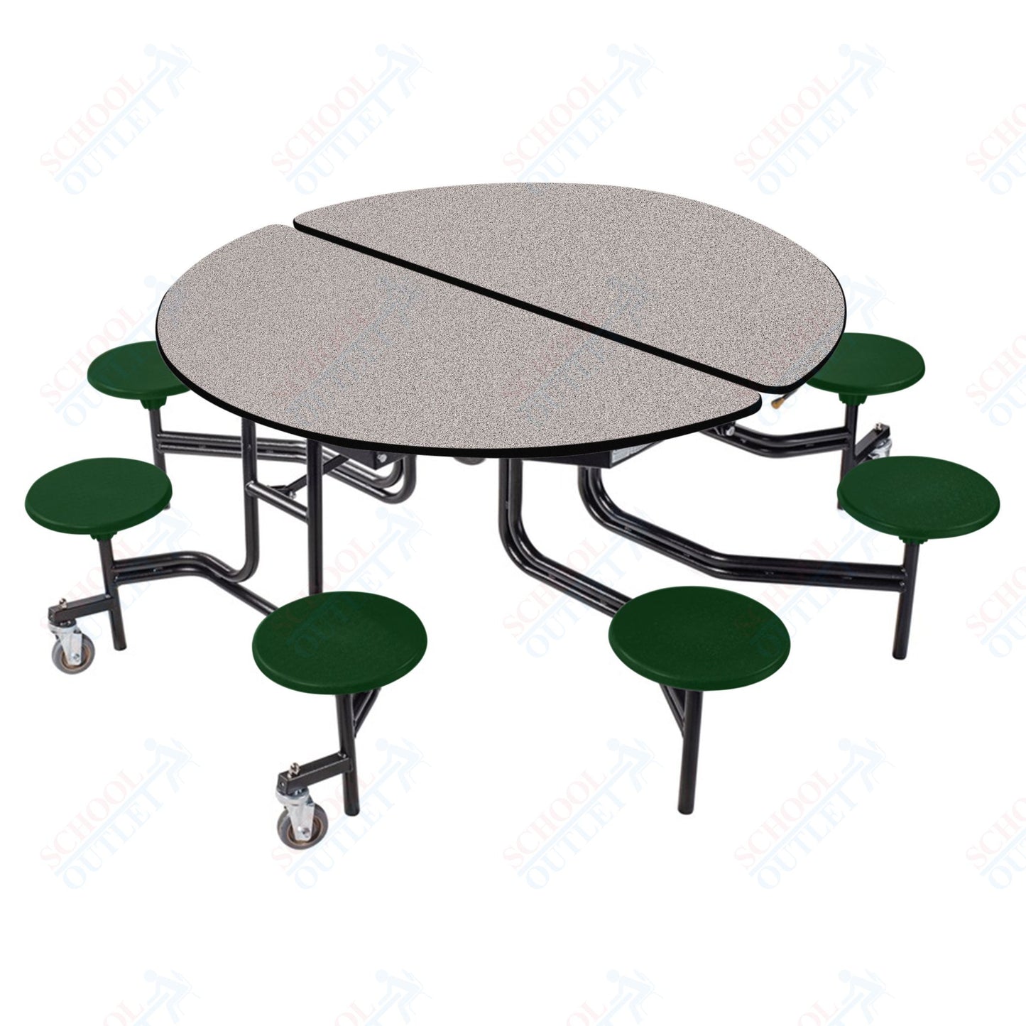 NPS 60" Round Mobile Cafeteria Table - 8 Stools - Plywood Core - T-Molding Edge - Black Powdercoated Frame