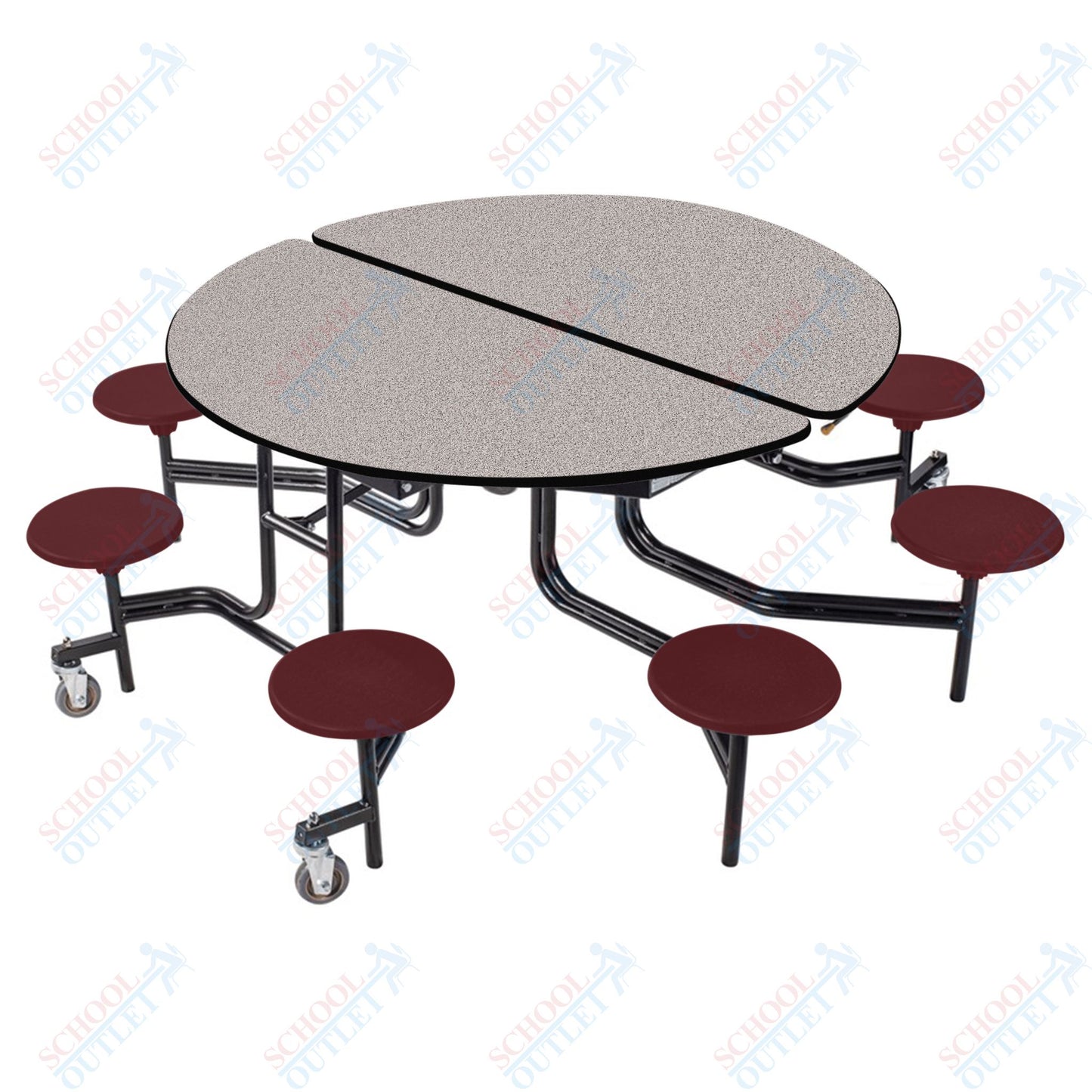 NPS 60" Round Mobile Cafeteria Table - 8 Stools - Plywood Core - T-Molding Edge - Black Powdercoated Frame