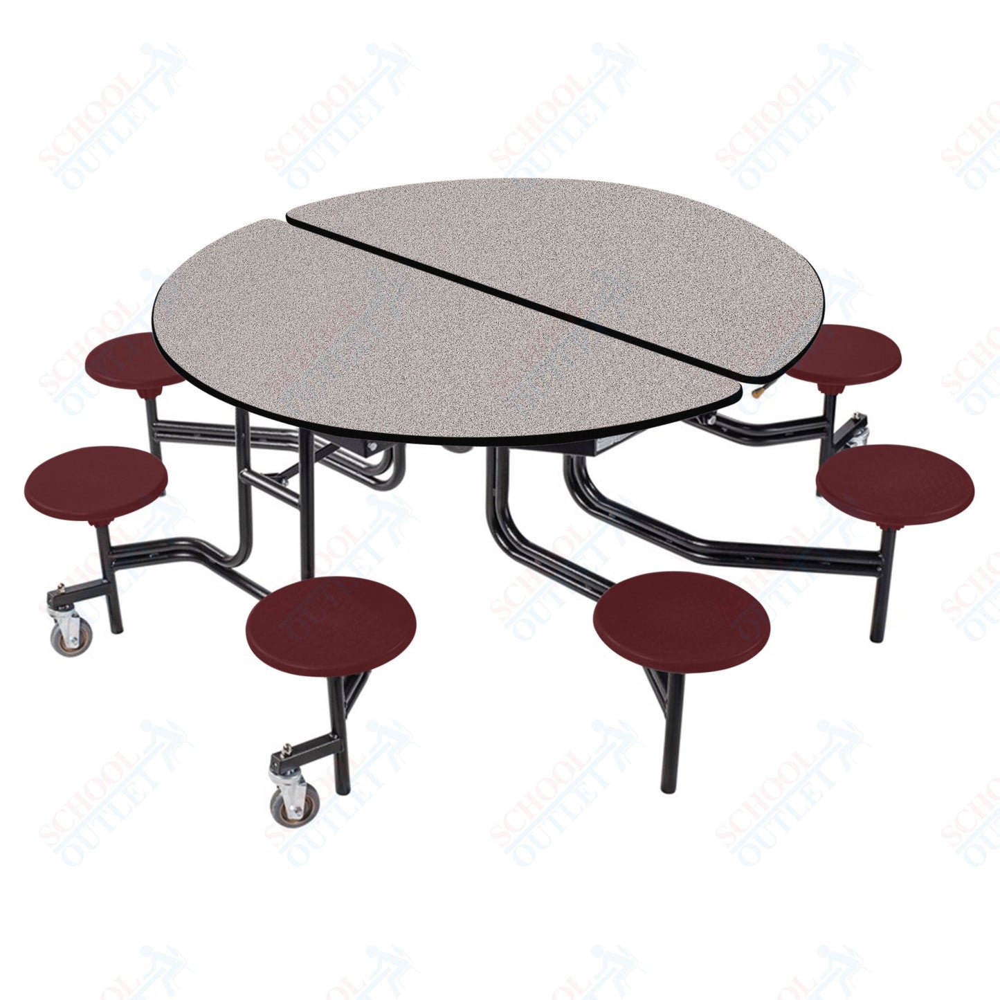 NPS 60" Round Mobile Cafeteria Table - 8 Stools - Plywood Core - T-Molding Edge - Black Powdercoated Frame