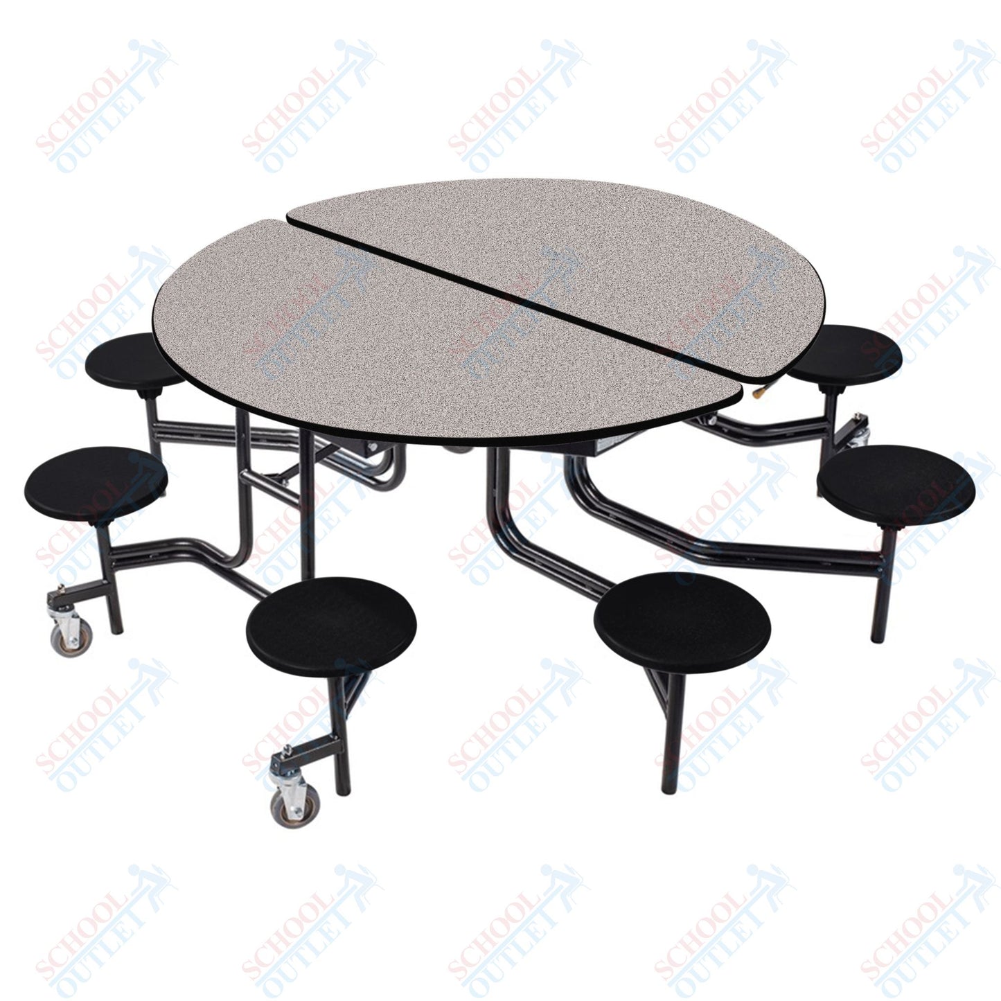 NPS 60" Round Mobile Cafeteria Table - 8 Stools - Plywood Core - T-Molding Edge - Black Powdercoated Frame