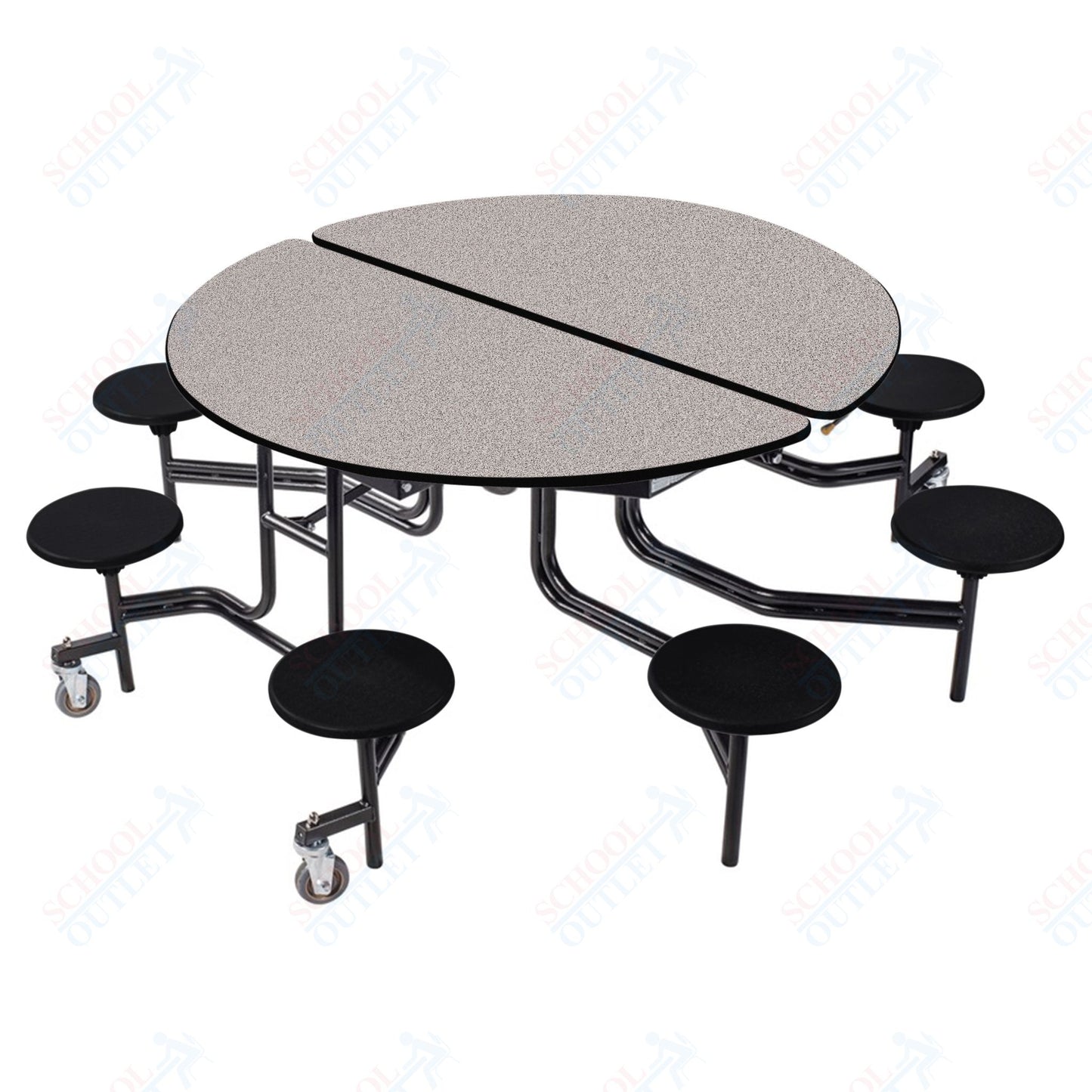 NPS 60" Round Mobile Cafeteria Table - 8 Stools - Plywood Core - T-Molding Edge - Black Powdercoated Frame