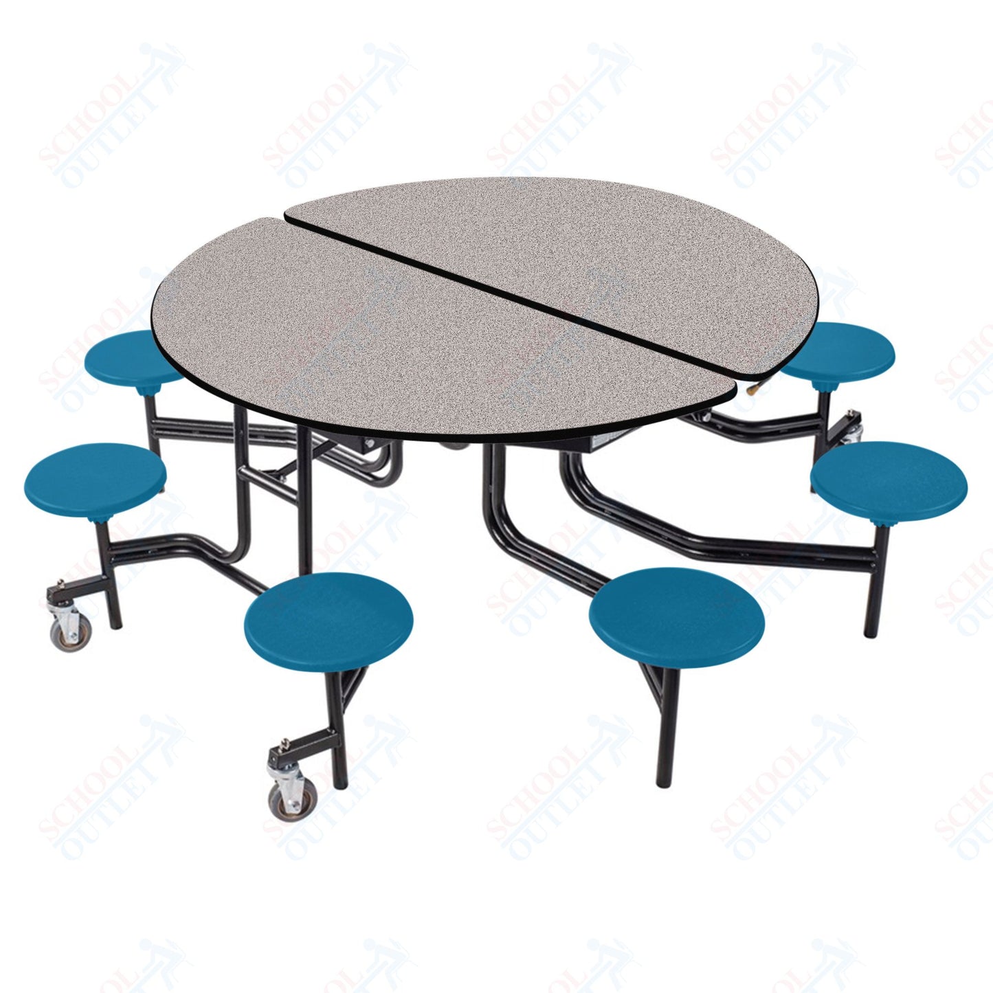NPS 60" Round Mobile Cafeteria Table - 8 Stools - Plywood Core - T-Molding Edge - Black Powdercoated Frame