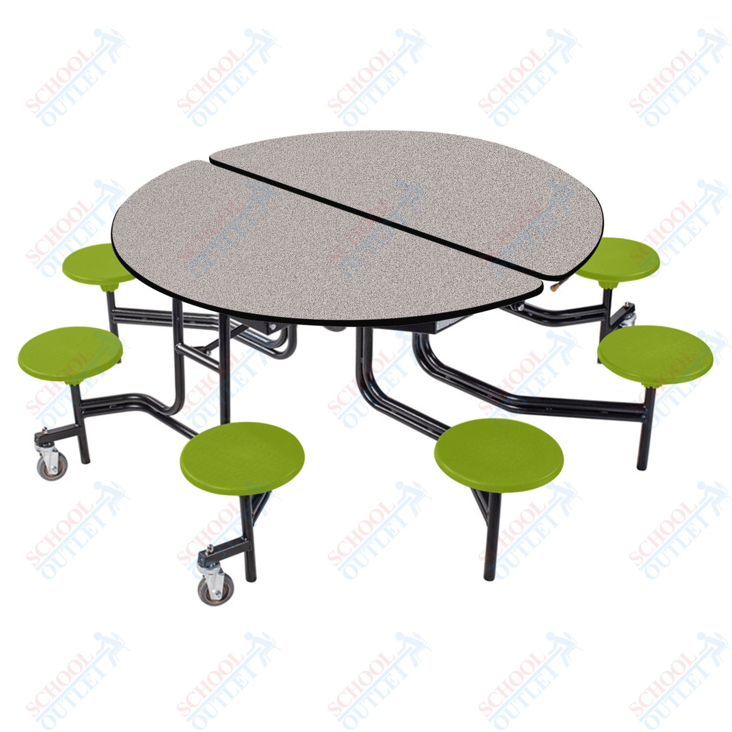 NPS 60" Round Mobile Cafeteria Table - 8 Stools - Plywood Core - T-Molding Edge - Black Powdercoated Frame