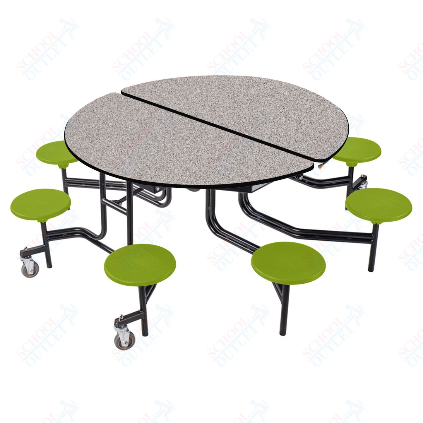 NPS 60" Round Mobile Cafeteria Table - 8 Stools - Plywood Core - T-Molding Edge - Black Powdercoated Frame