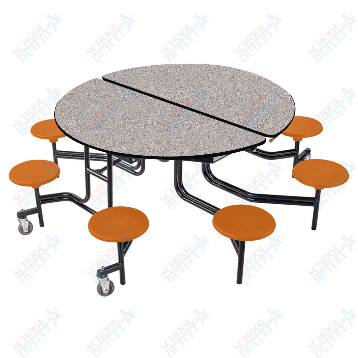 NPS 60" Round Mobile Cafeteria Table - 8 Stools - Plywood Core - T-Molding Edge - Black Powdercoated Frame