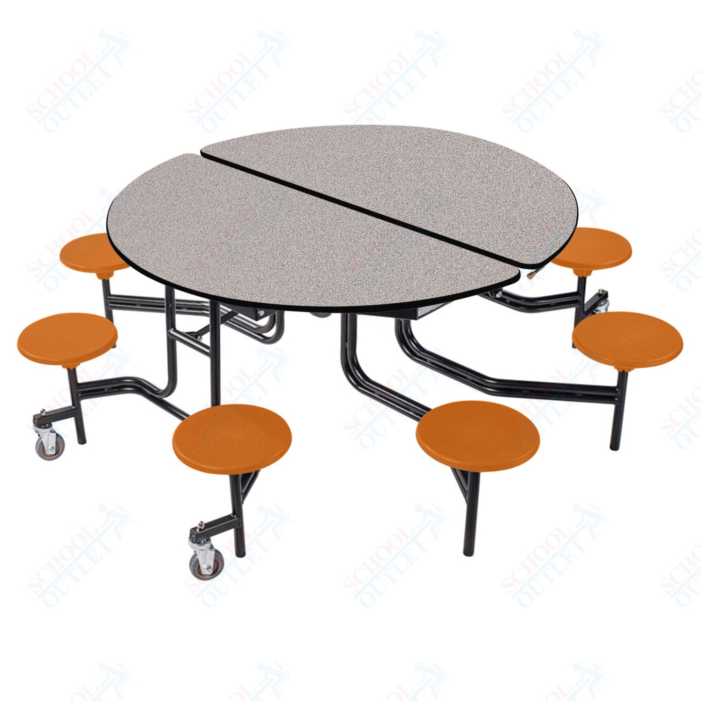NPS 60" Round Mobile Cafeteria Table - 8 Stools - Plywood Core - T-Molding Edge - Black Powdercoated Frame