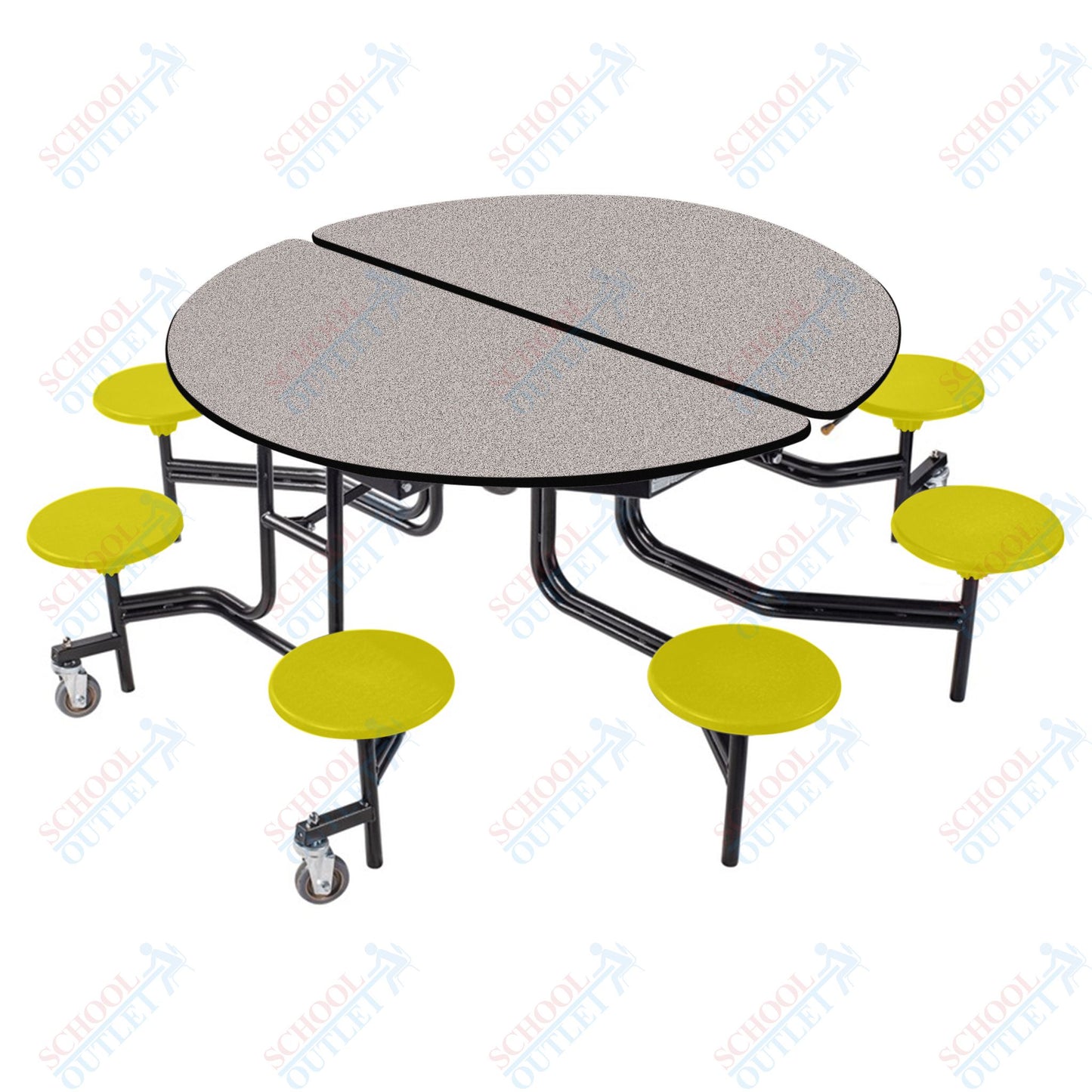 NPS 60" Round Mobile Cafeteria Table - 8 Stools - Plywood Core - T-Molding Edge - Black Powdercoated Frame
