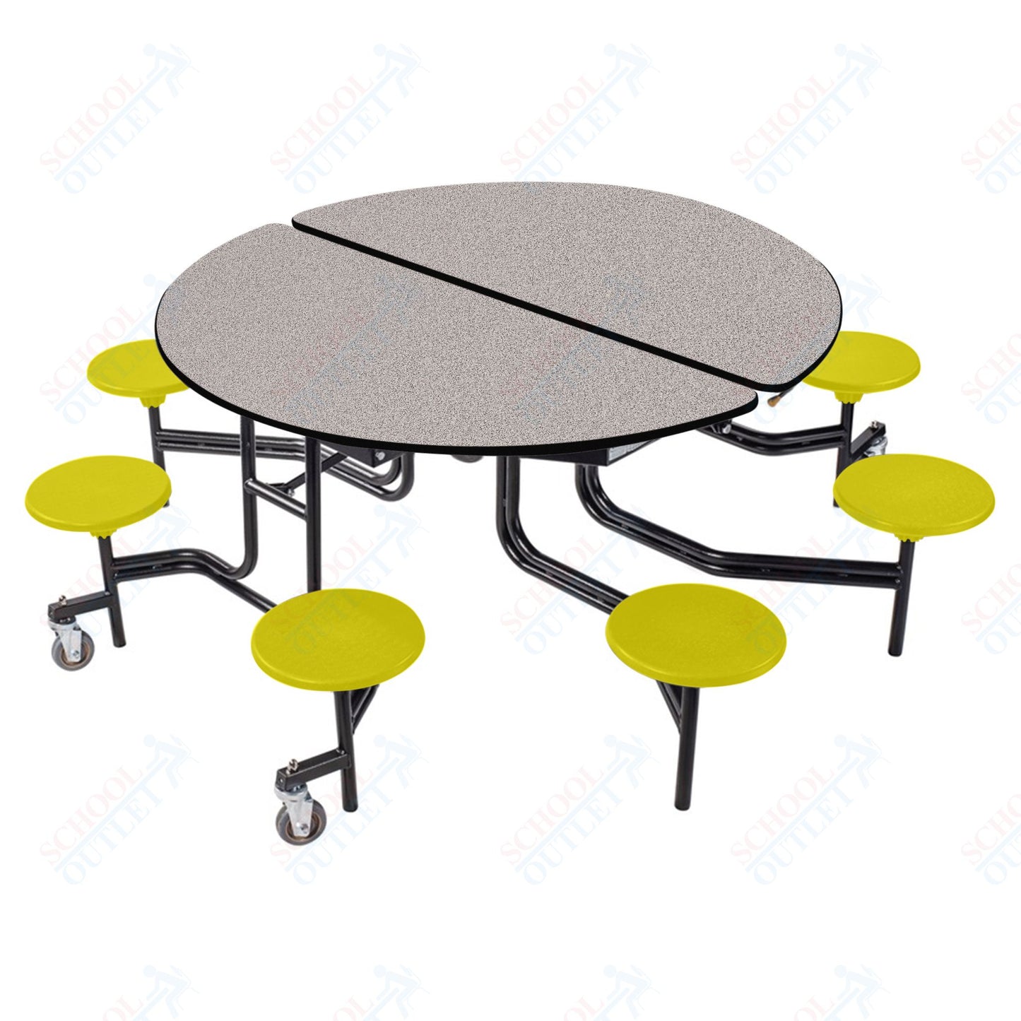 NPS 60" Round Mobile Cafeteria Table - 8 Stools - Plywood Core - T-Molding Edge - Black Powdercoated Frame