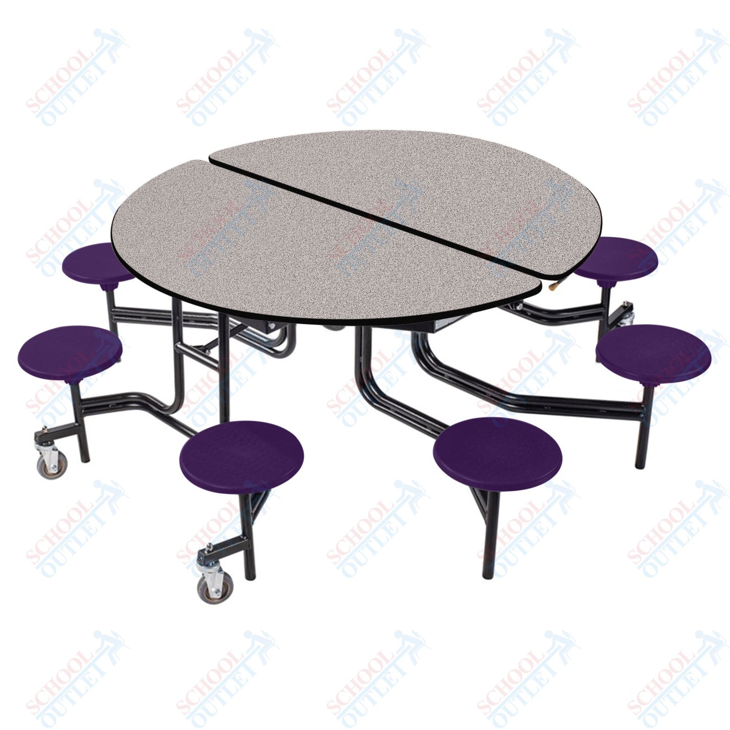 NPS 60" Round Mobile Cafeteria Table - 8 Stools - Plywood Core - T-Molding Edge - Black Powdercoated Frame