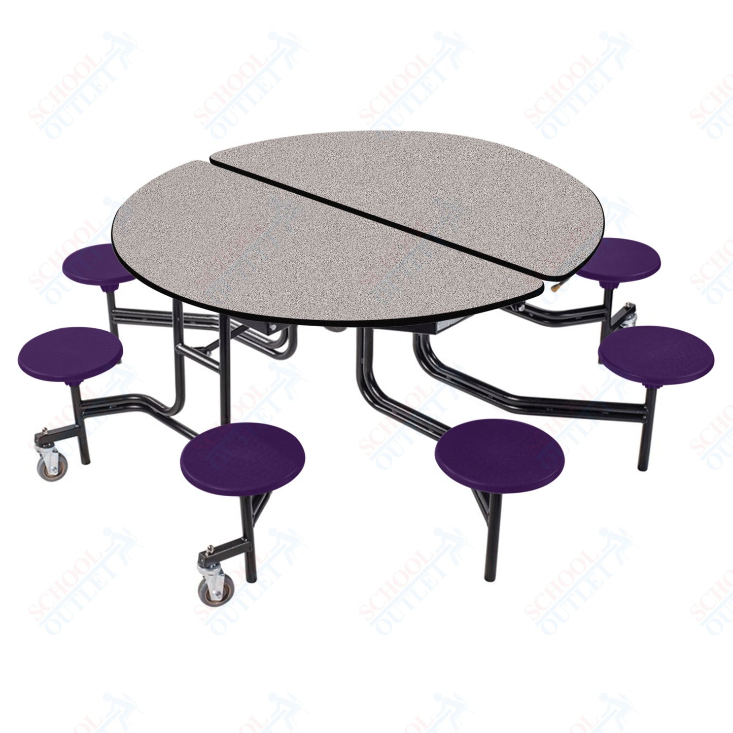 NPS 60" Round Mobile Cafeteria Table - 8 Stools - Plywood Core - T-Molding Edge - Black Powdercoated Frame