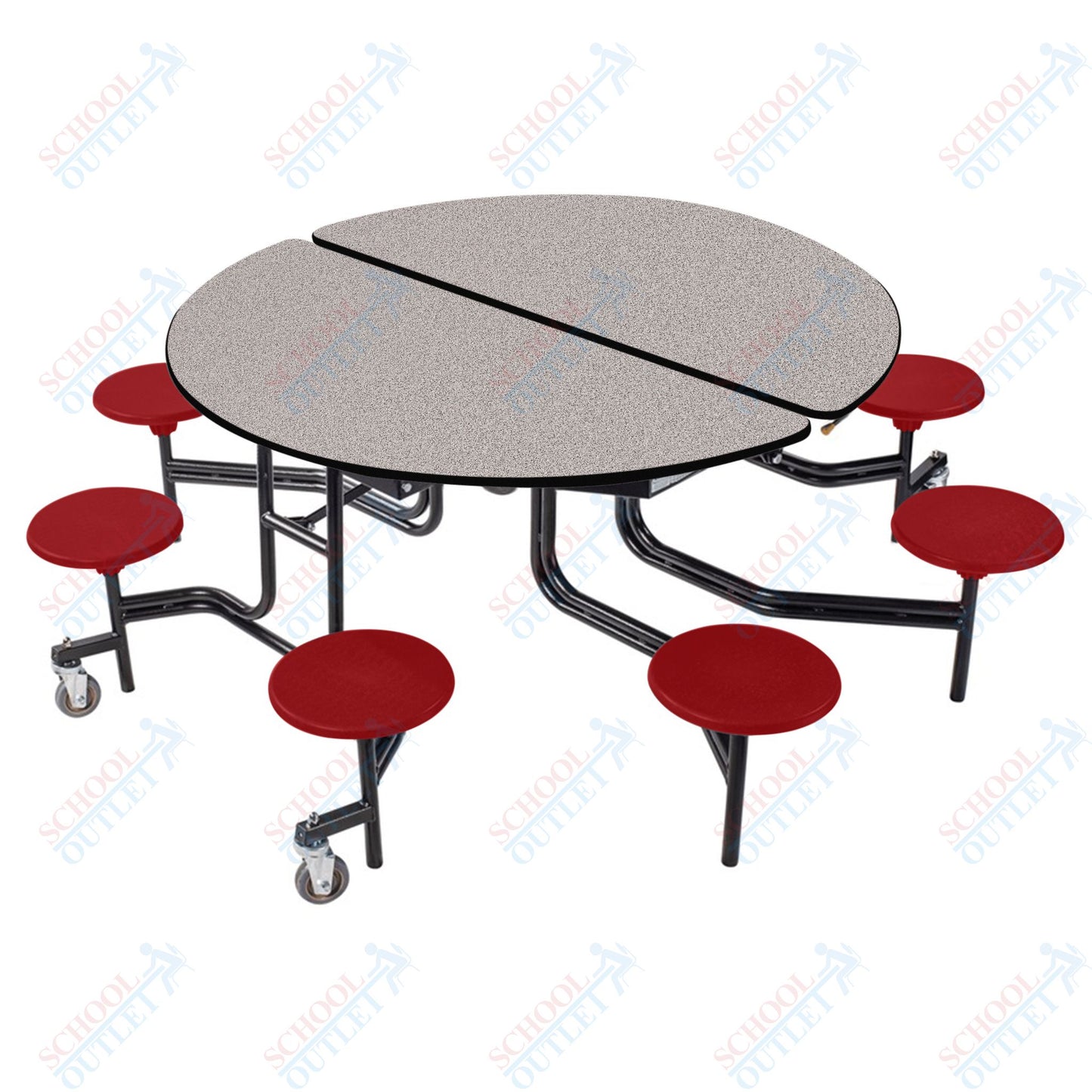 NPS 60" Round Mobile Cafeteria Table - 8 Stools - Plywood Core - T-Molding Edge - Black Powdercoated Frame