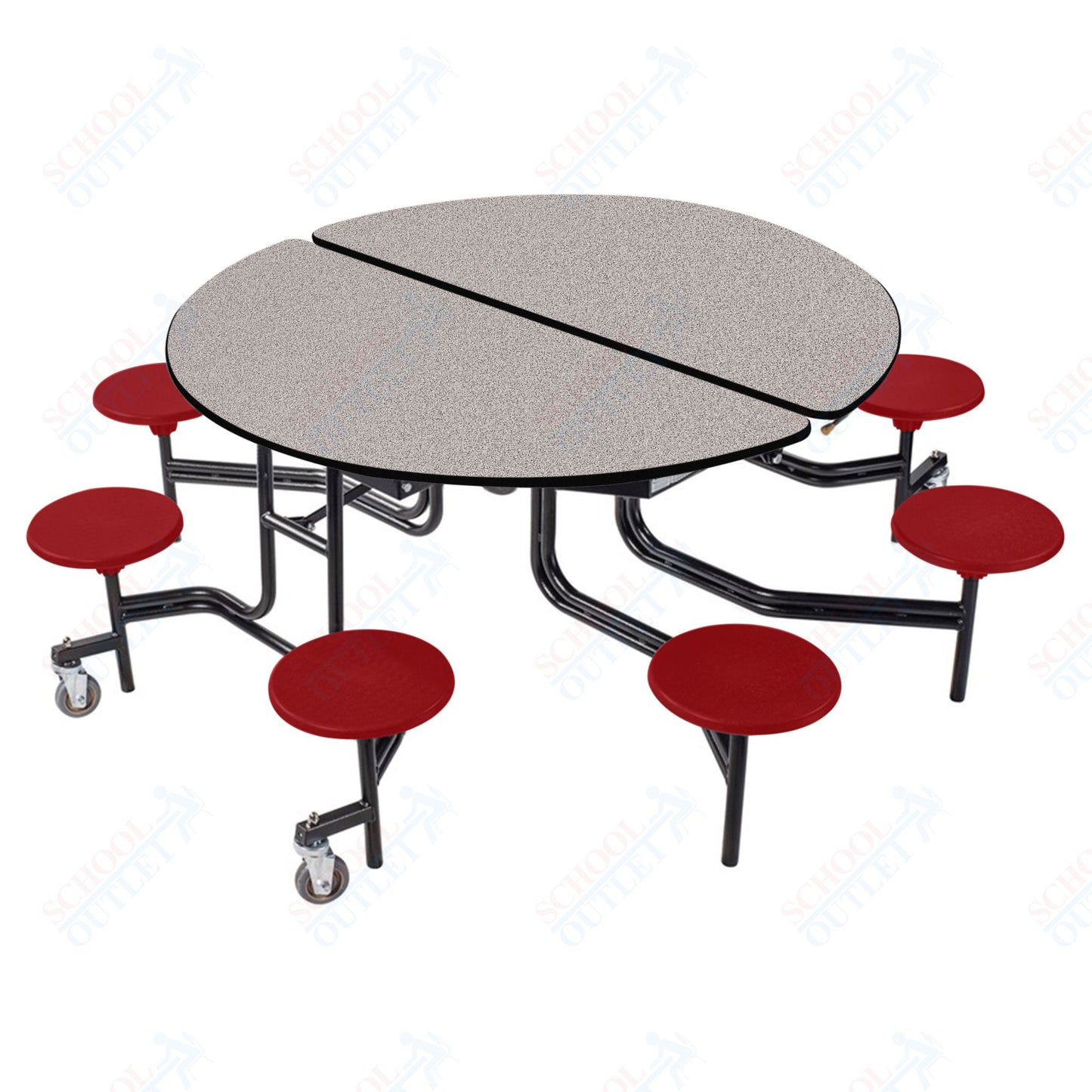 NPS 60" Round Mobile Cafeteria Table - 8 Stools - Plywood Core - T-Molding Edge - Black Powdercoated Frame
