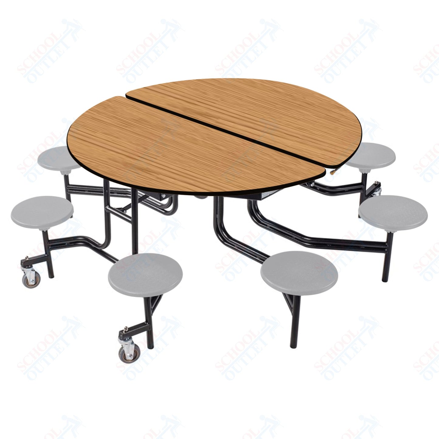 NPS 60" Round Mobile Cafeteria Table - 8 Stools - Plywood Core - T-Molding Edge - Black Powdercoated Frame